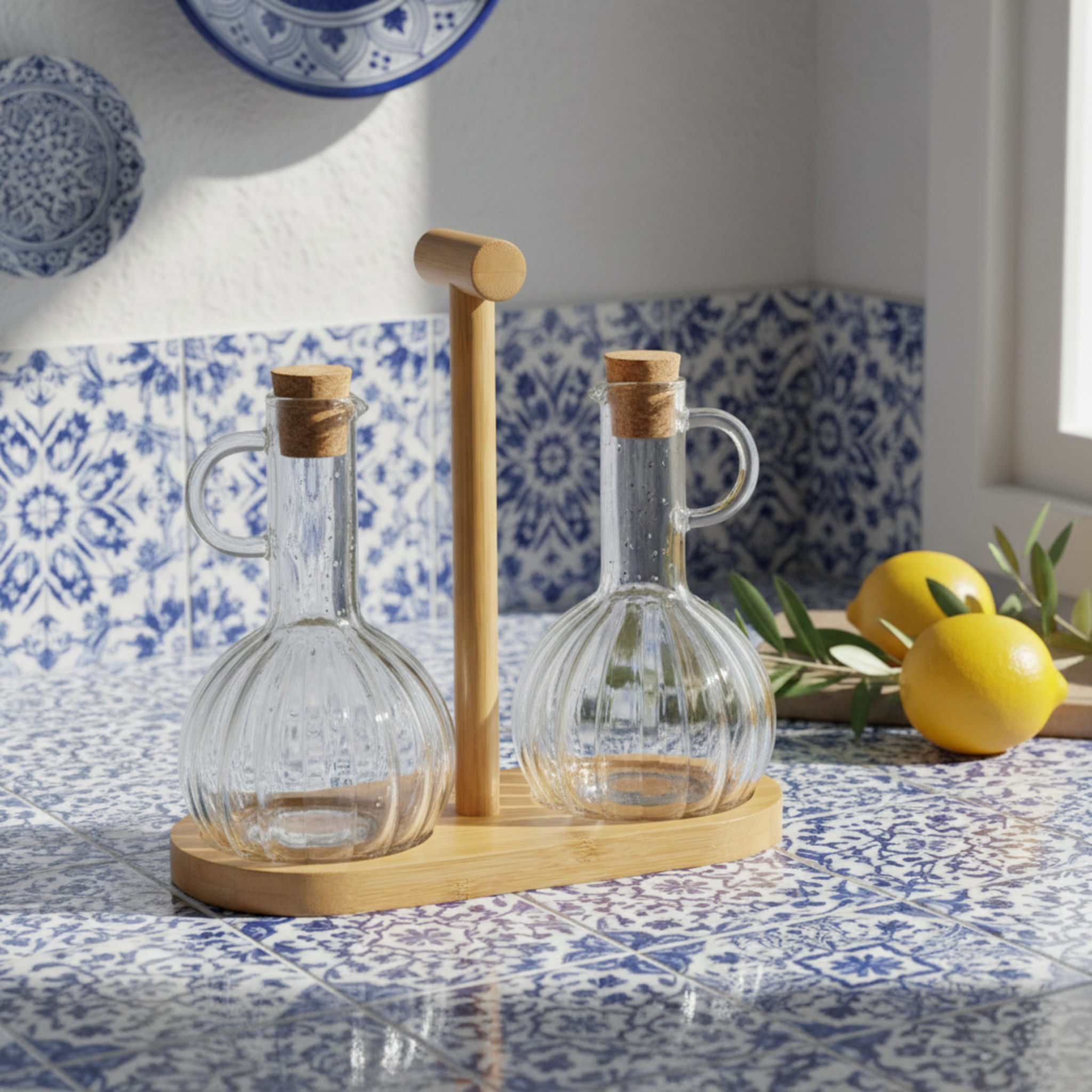 Duo Huilier & Vinaigrier en Verre avec Support Bois – Style Tunisien