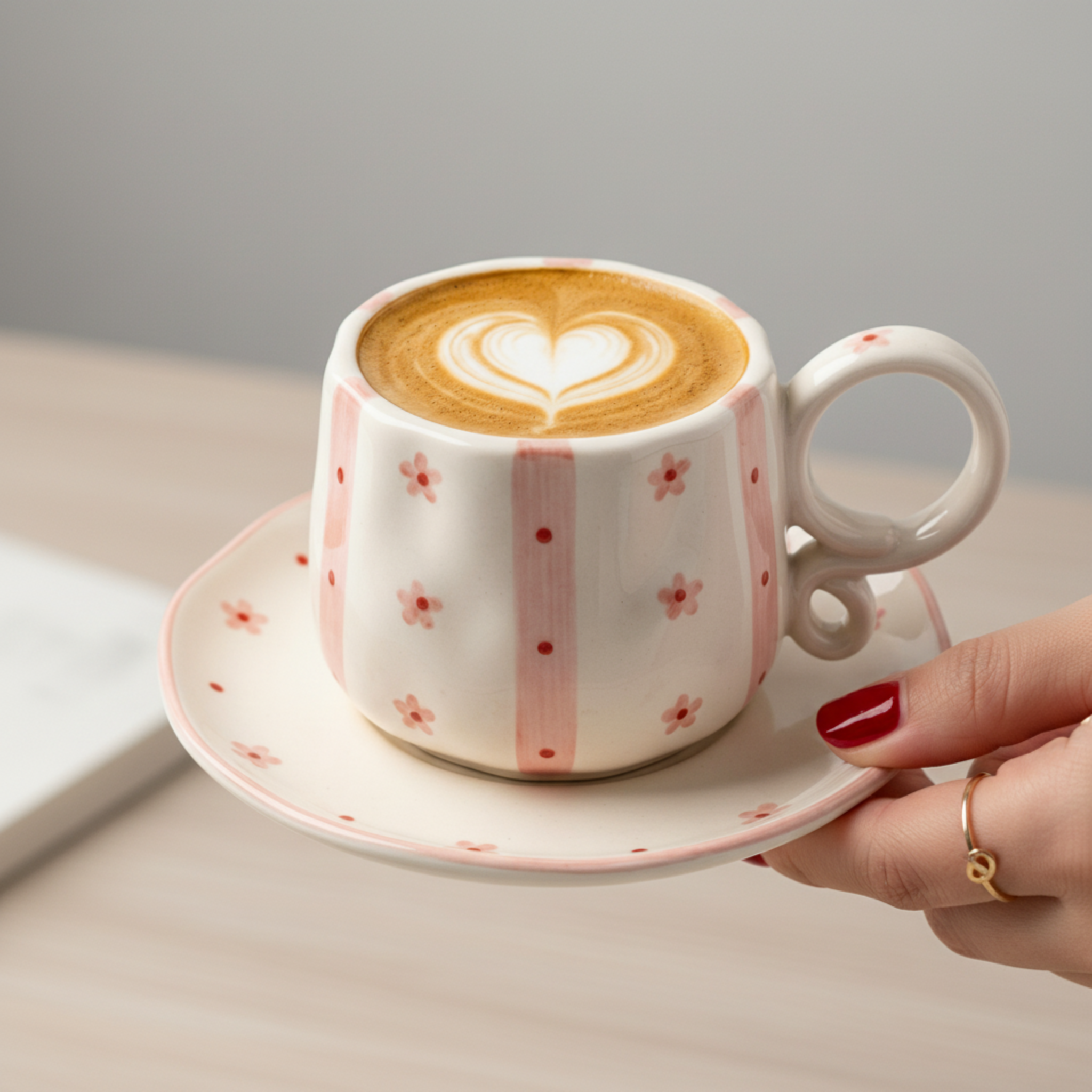 Tasse Céramique Artisanale Motif Floral Rose & Rayures avec Soucoupe