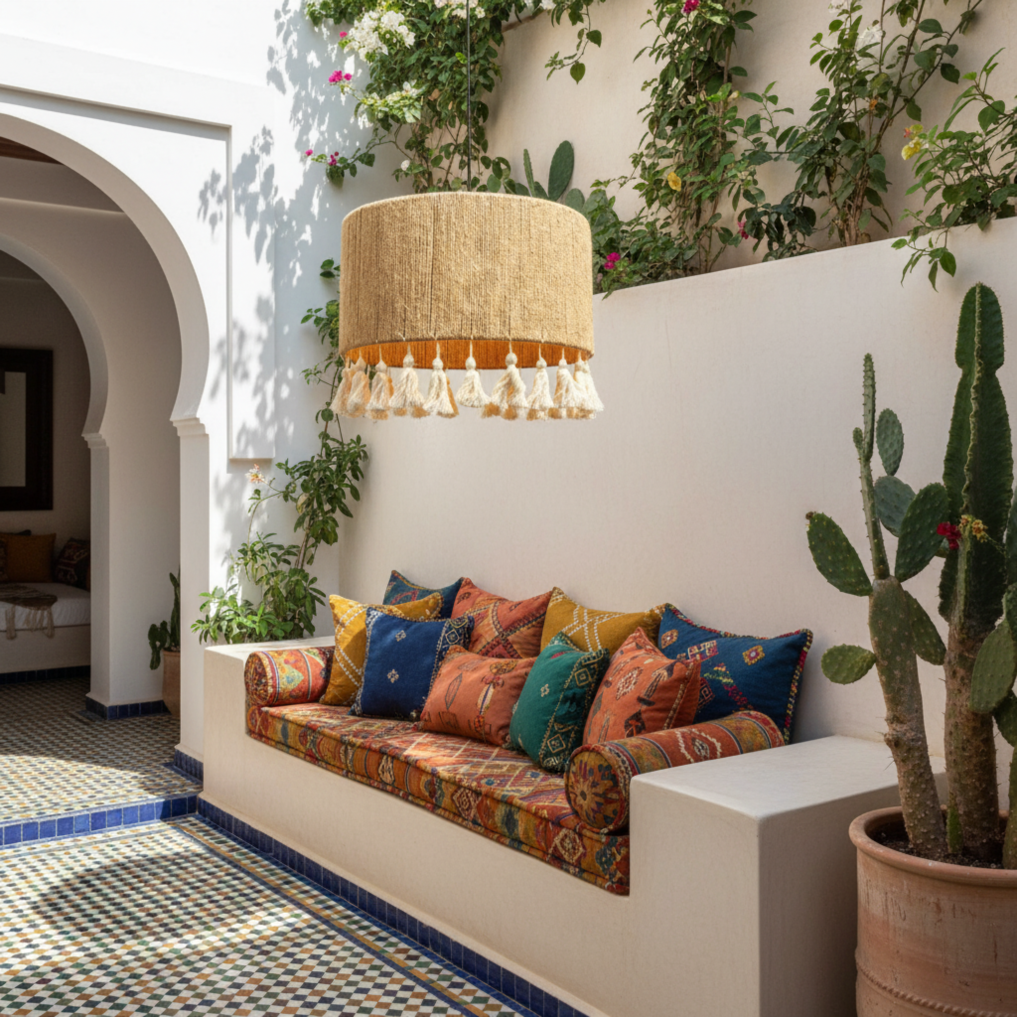 Suspension "Lella" – Lustre Tambour Large en Jute Tressé et Pompons