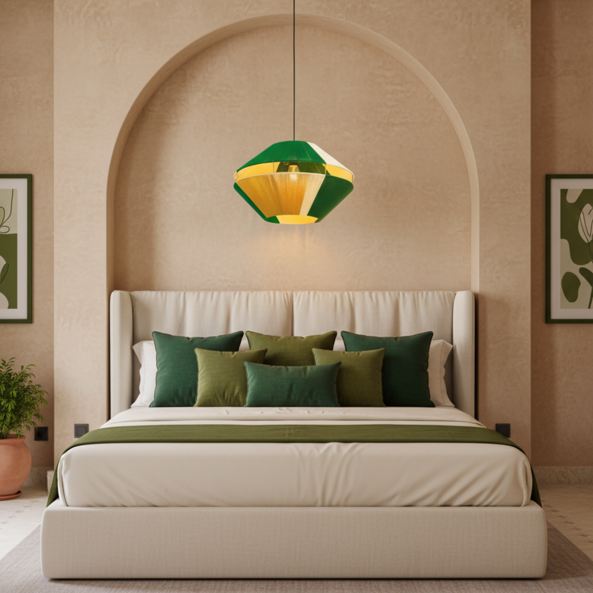 Suspension Géométrique Bicolore Vert & Jaune Fait Main | Design Tunisien Unique