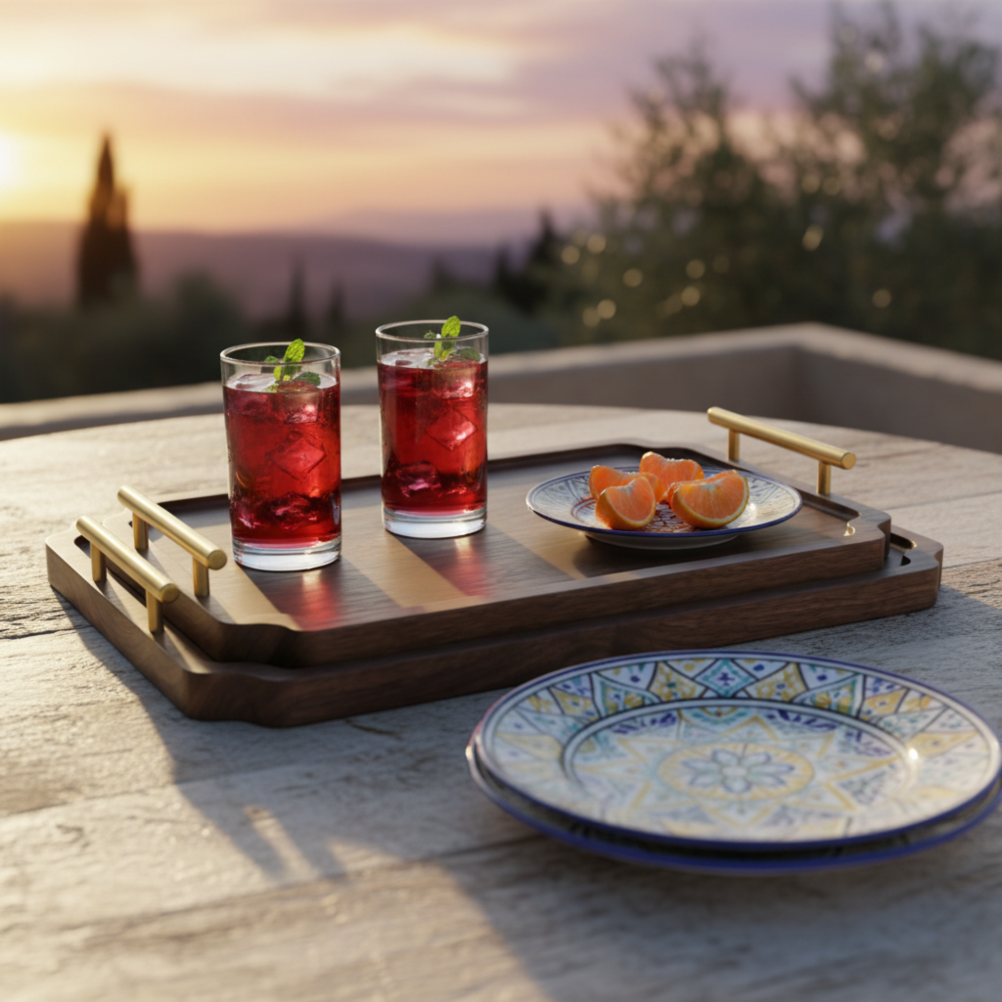 Lot de 2 Plateaux de Service en Bois & Poignées Dorées – Design Chic