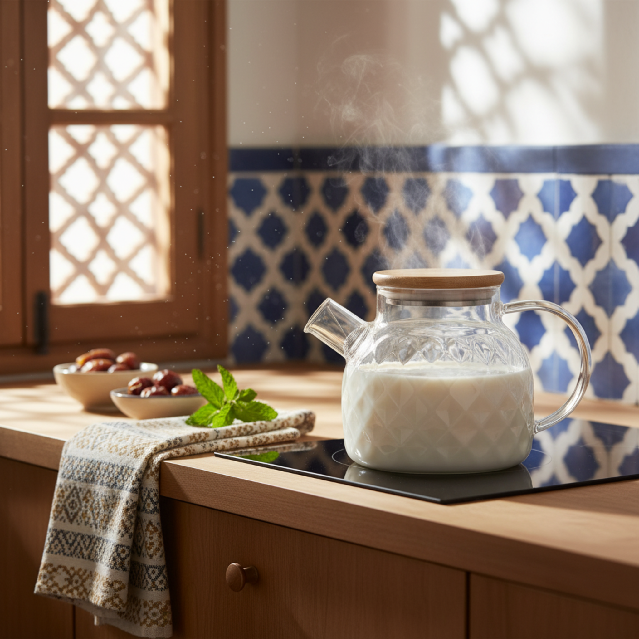 Théière en Verre Texturé & Couvercle Bambou – Design Élégant