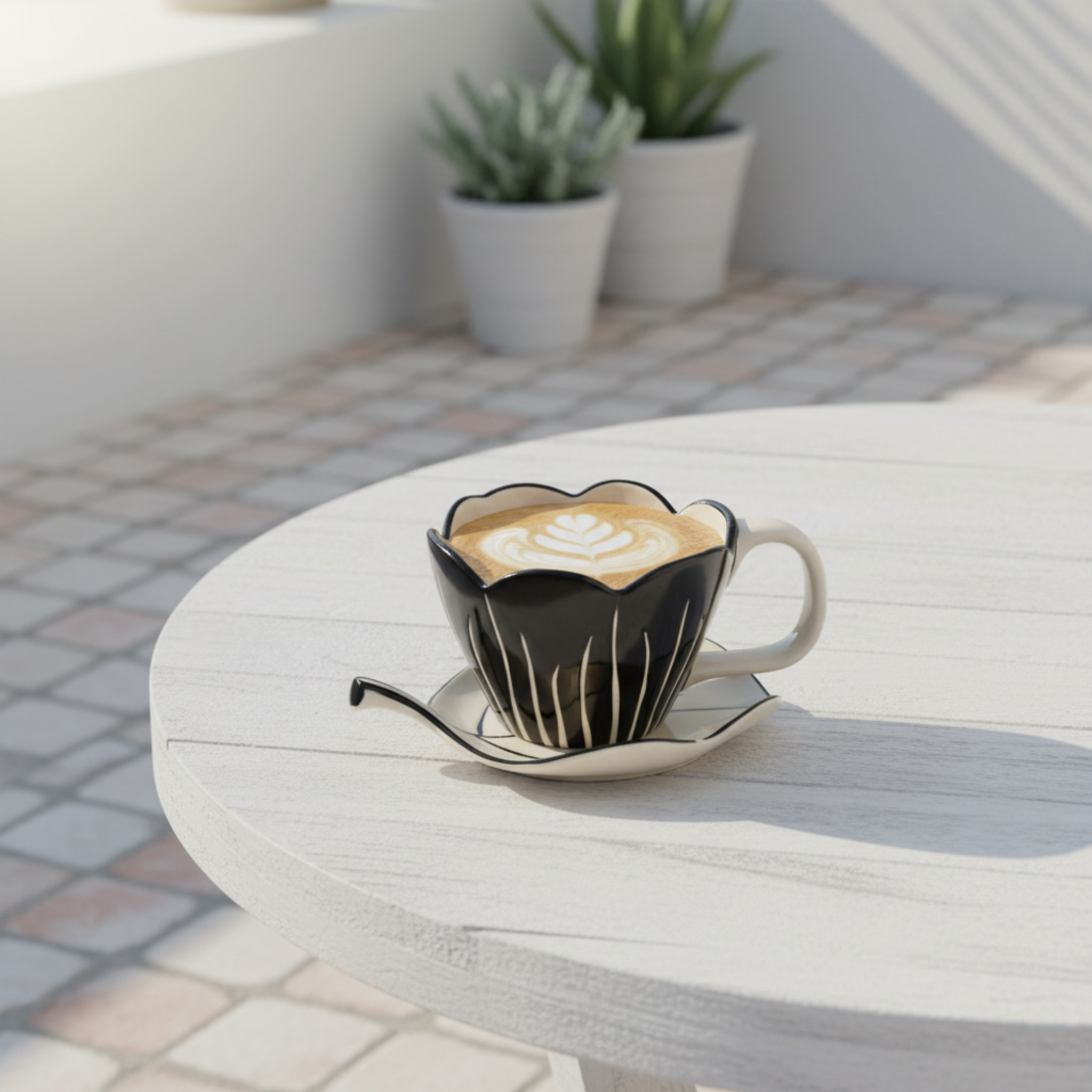 Mug Fleur Noir en Céramique avec Sous-Tasse – Élégance Premium