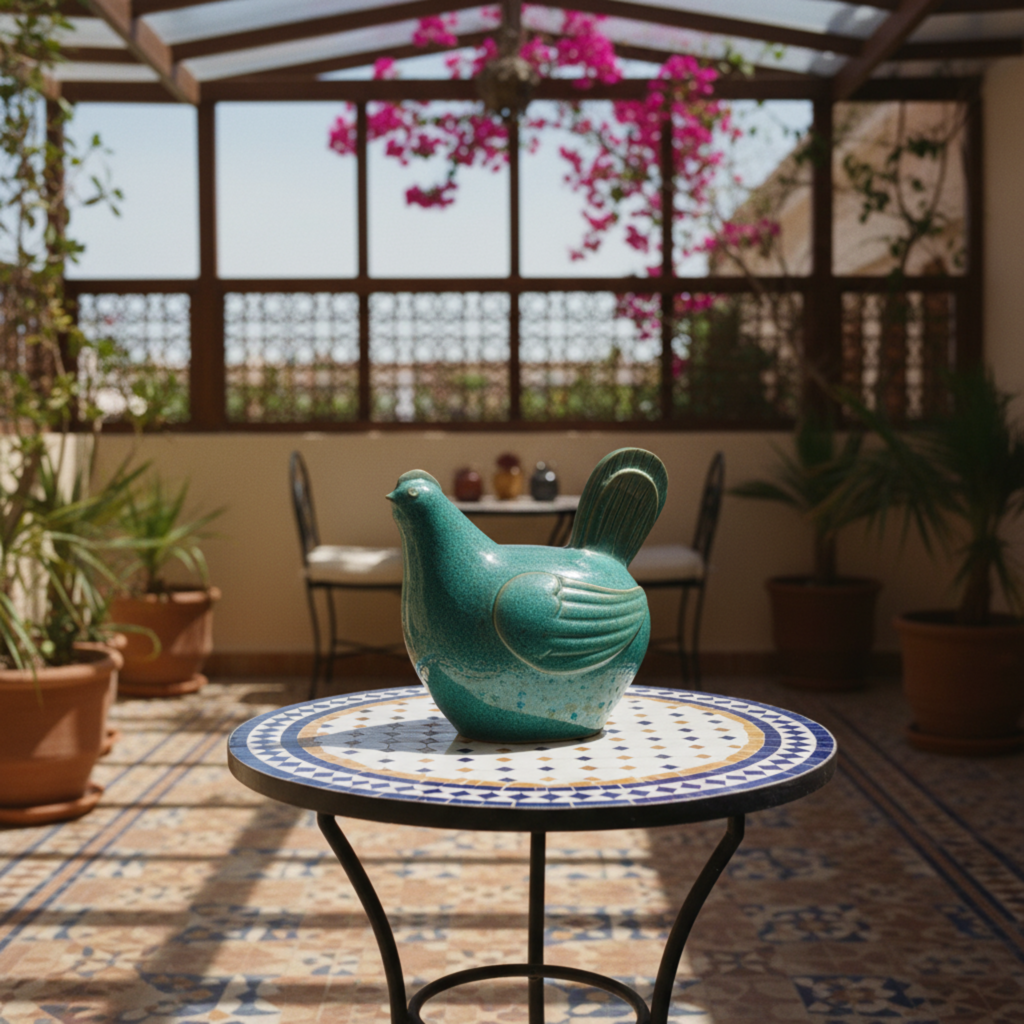 Sculpture Poule en Céramique – Émail Émeraude Tunisien