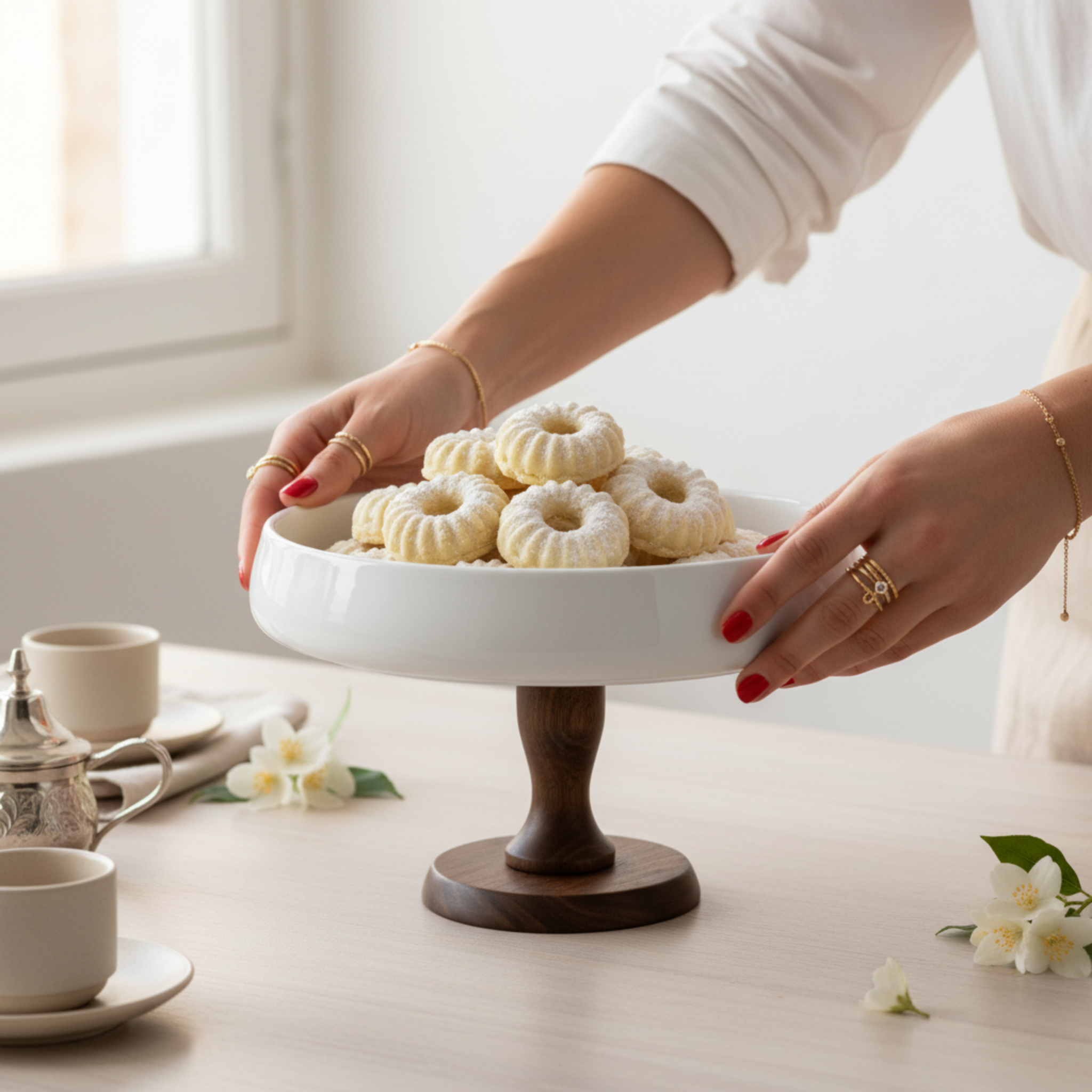 Présentoir sur Pied Design – Céramique Blanche & Bois Massif