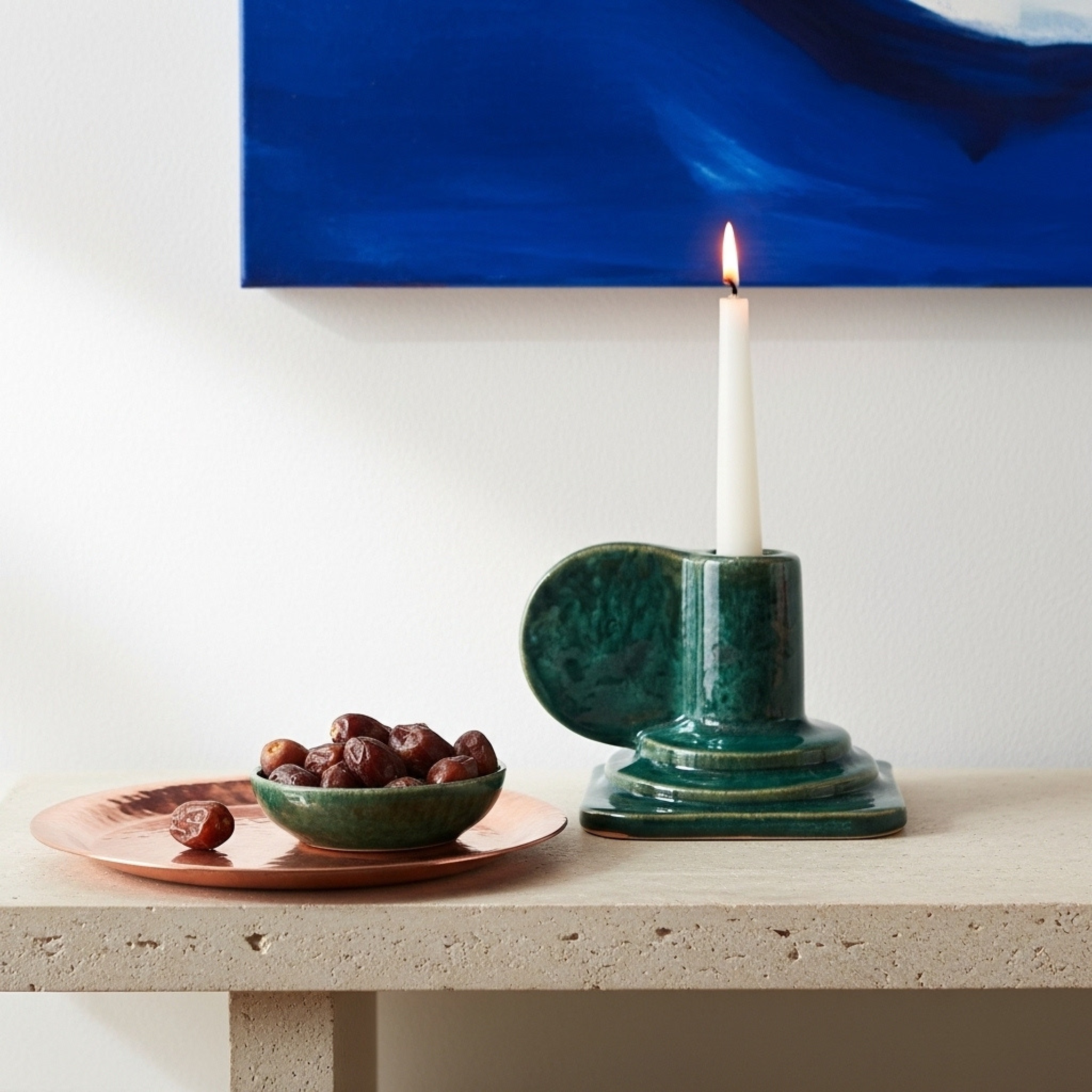 Porte-Bougie à Anse en Céramique – Vert Émaillé