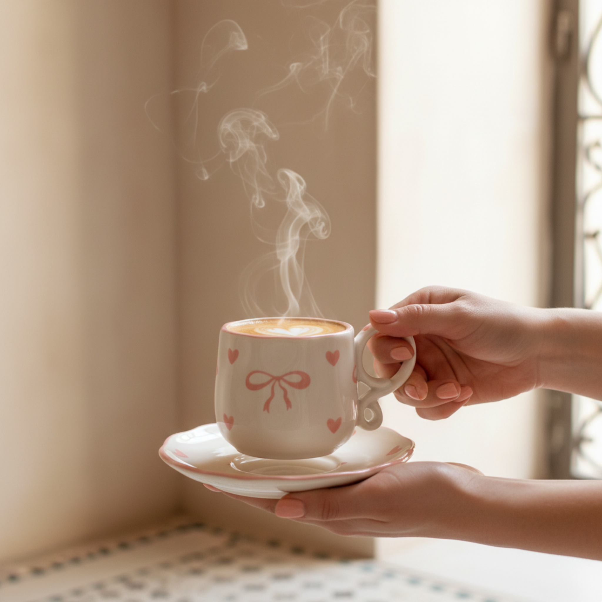 Tasse Céramique "Coquette" Nœud Rose & Cœurs - Duo Tendance