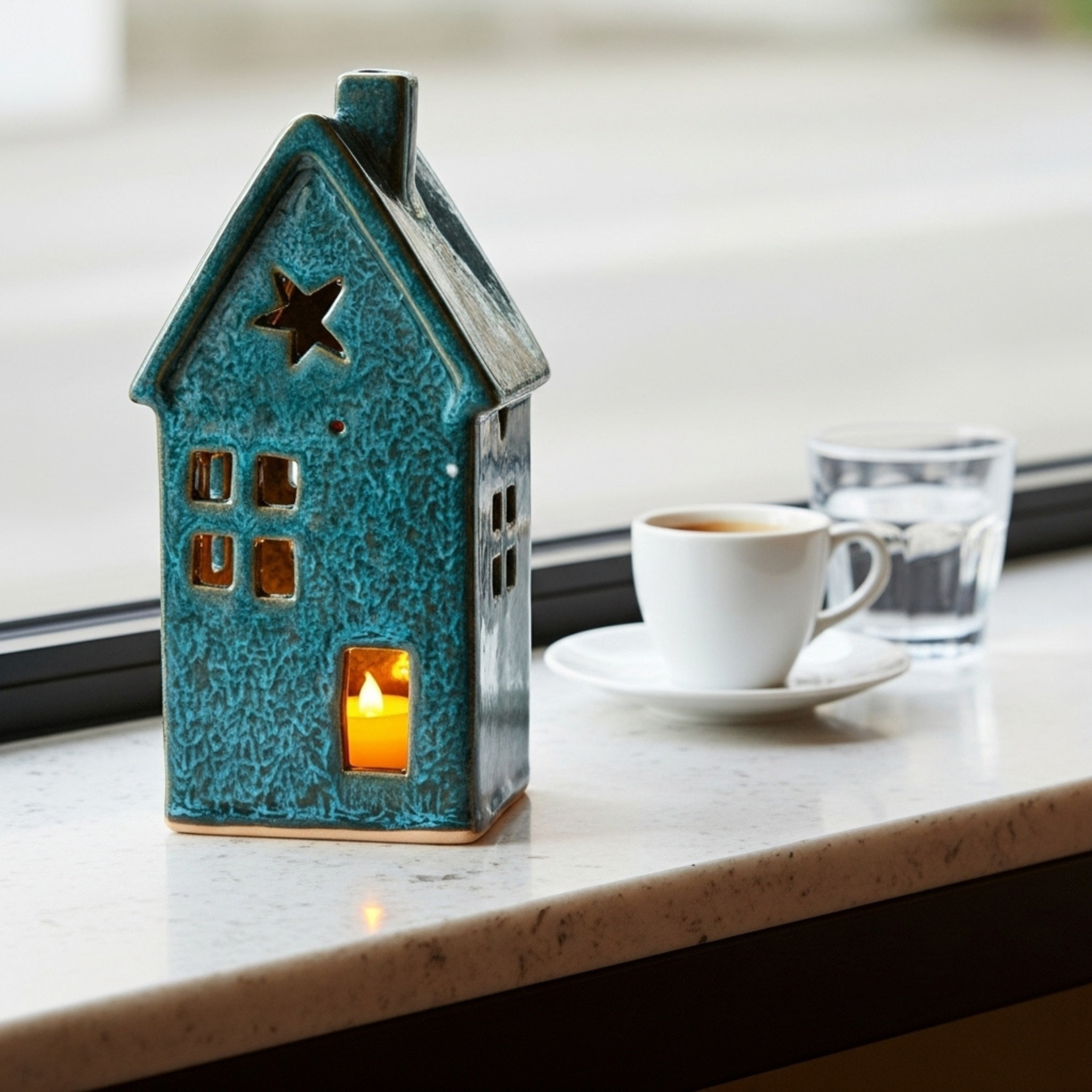 Cache-Bougie Maison en Céramique Turquoise – Fait Main en Tunisie