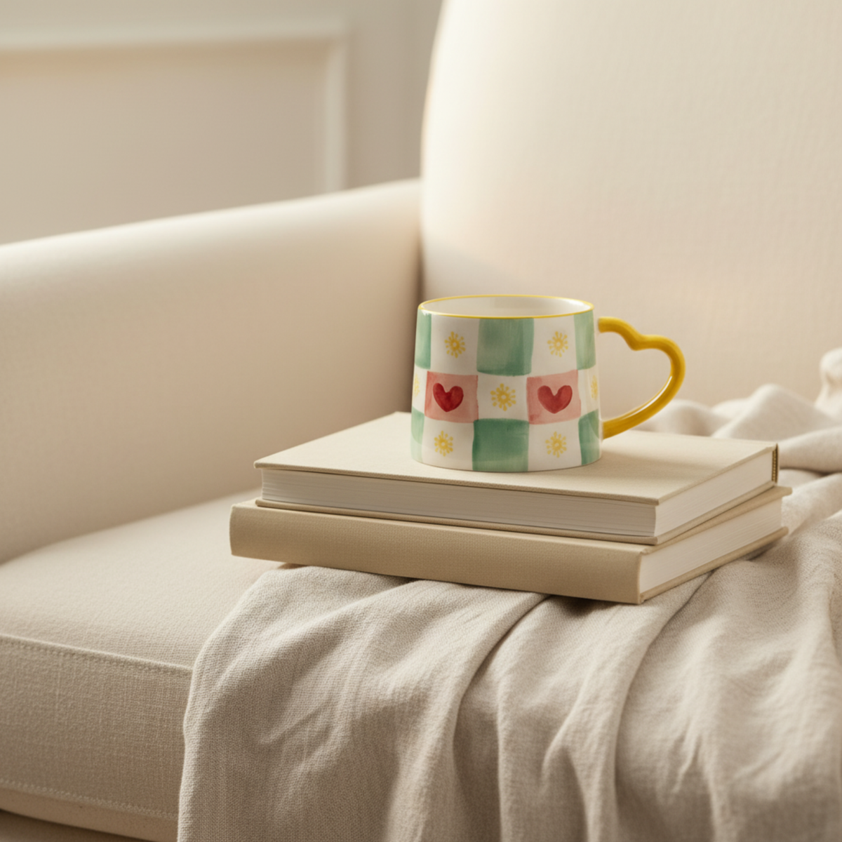 Mug Damier Vert et Cœurs | Anse Jaune en Forme de Cœur