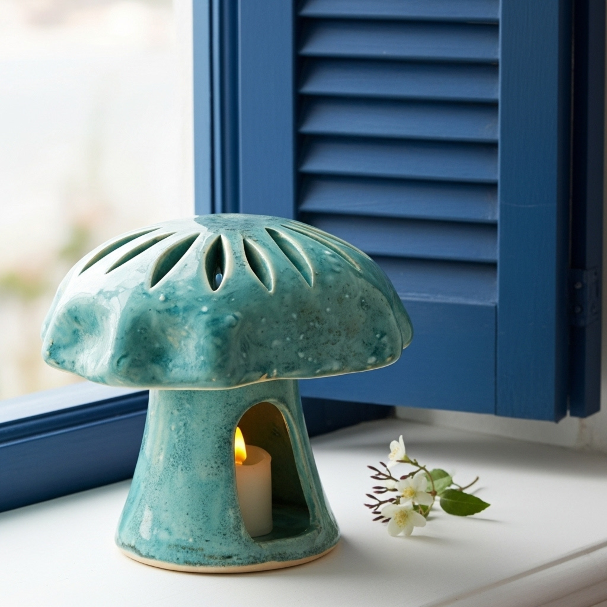 Cache-bougie Champignon en céramique turquoise – Style tunisien
