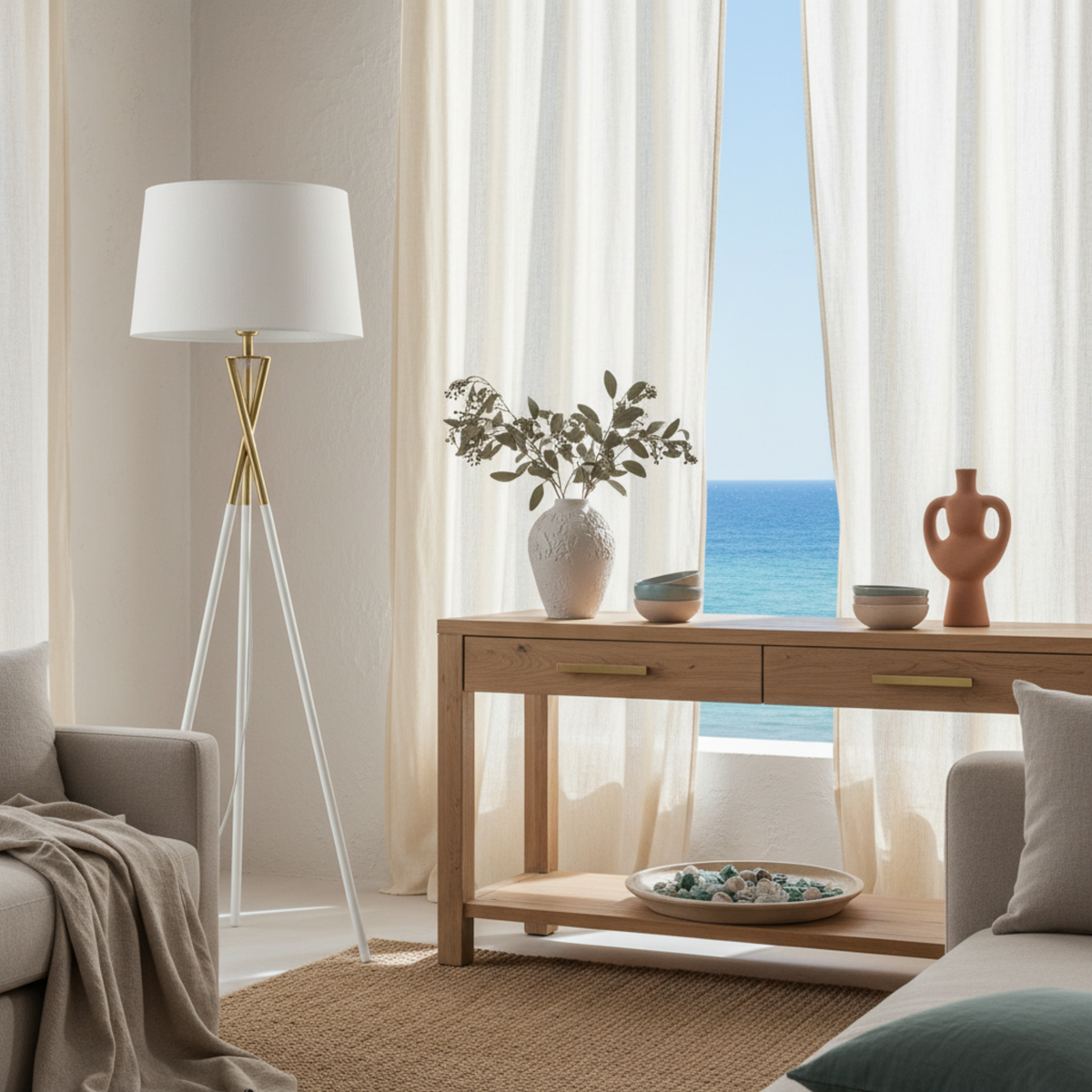 Lampadaire Trépied "Luxe Blanc & Or" – Design Scandinave Chic Tunisie