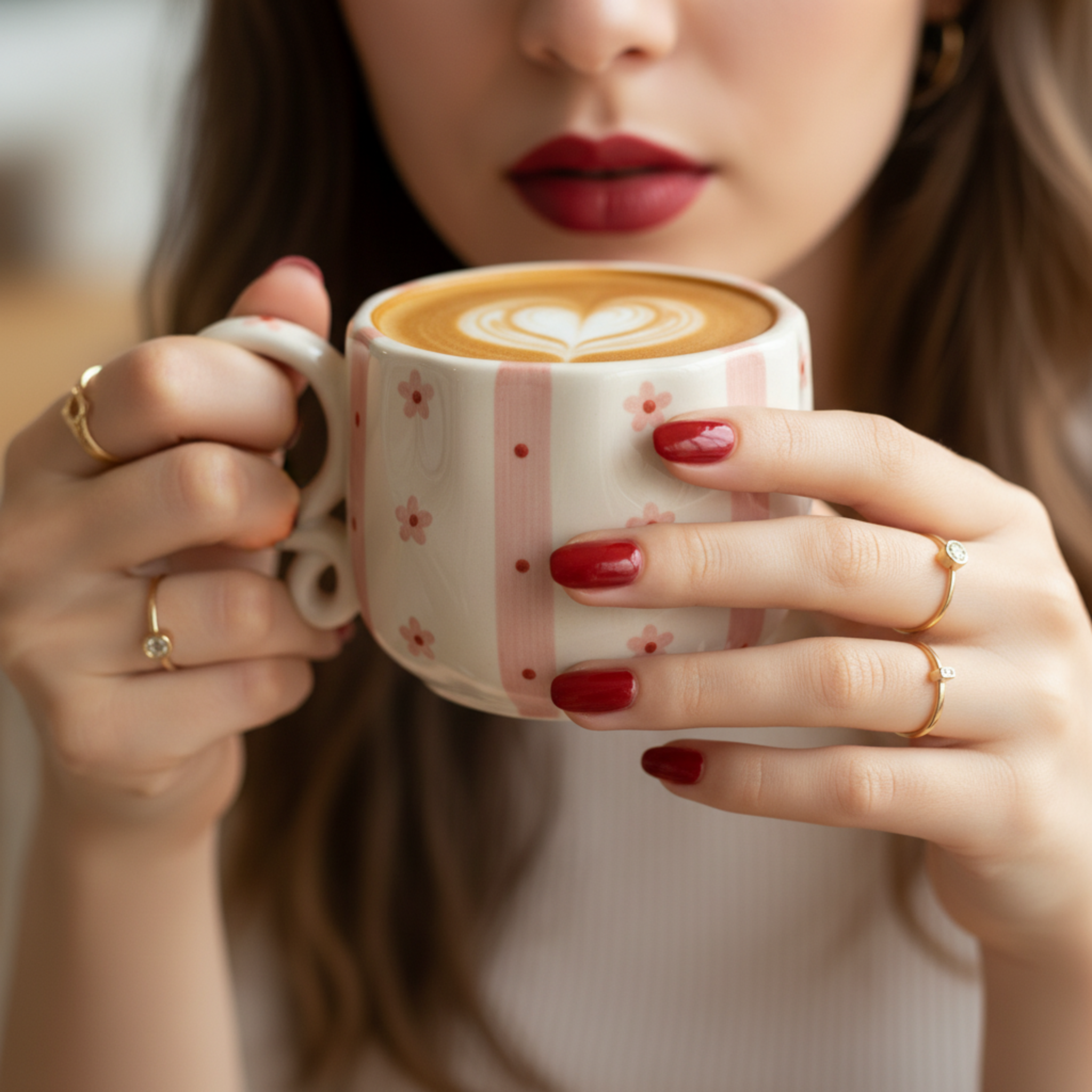 Tasse Céramique Artisanale Motif Floral Rose & Rayures avec Soucoupe