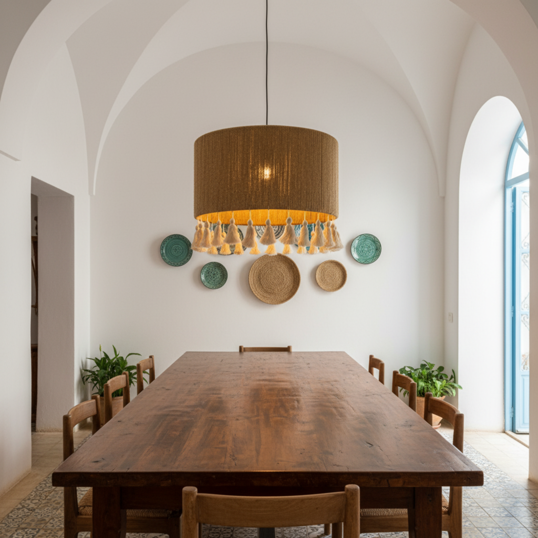 Suspension "Lella" – Lustre Tambour Large en Jute Tressé et Pompons