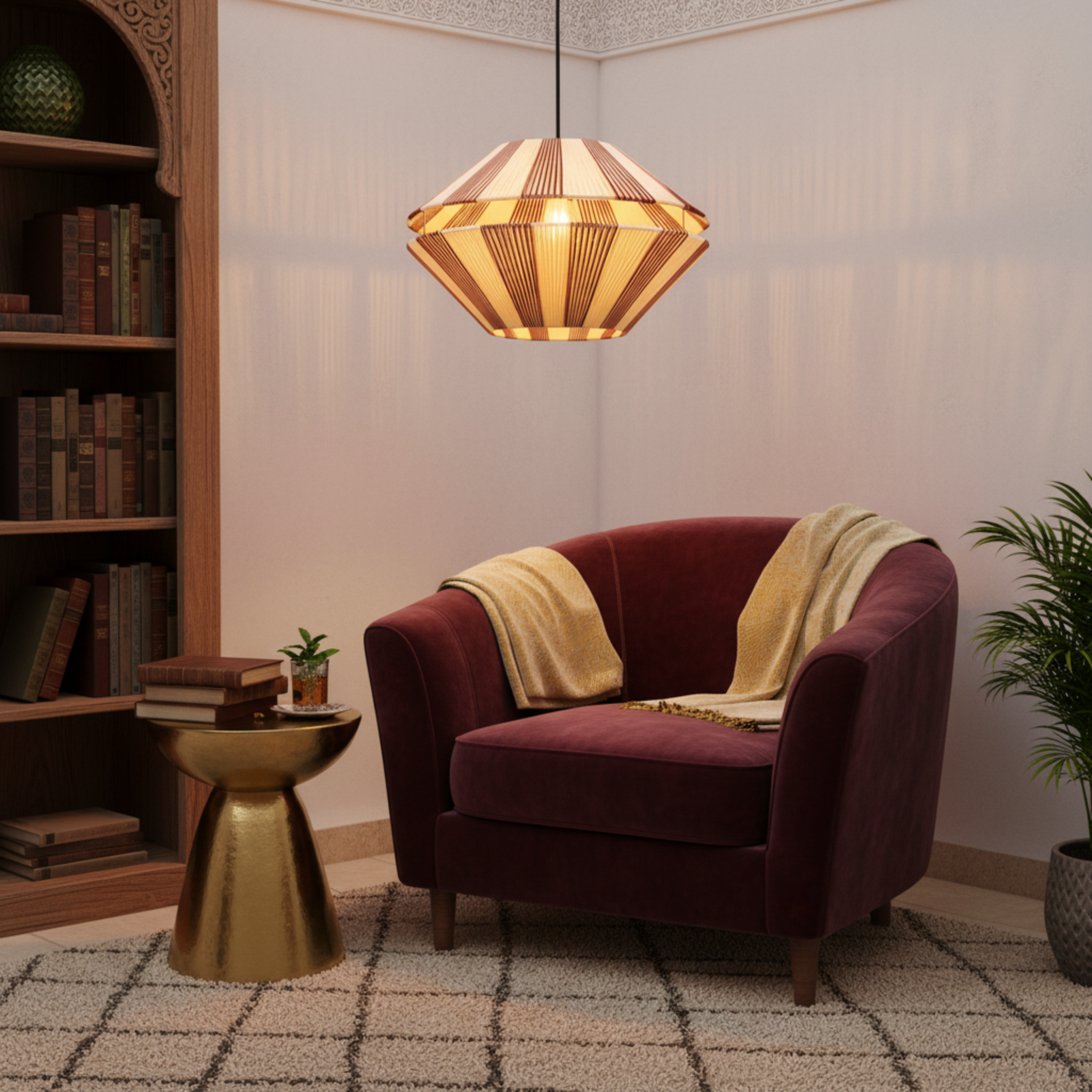 Suspension Jute Plissée Géométrique Fait Main | Design Tunisien Élégant