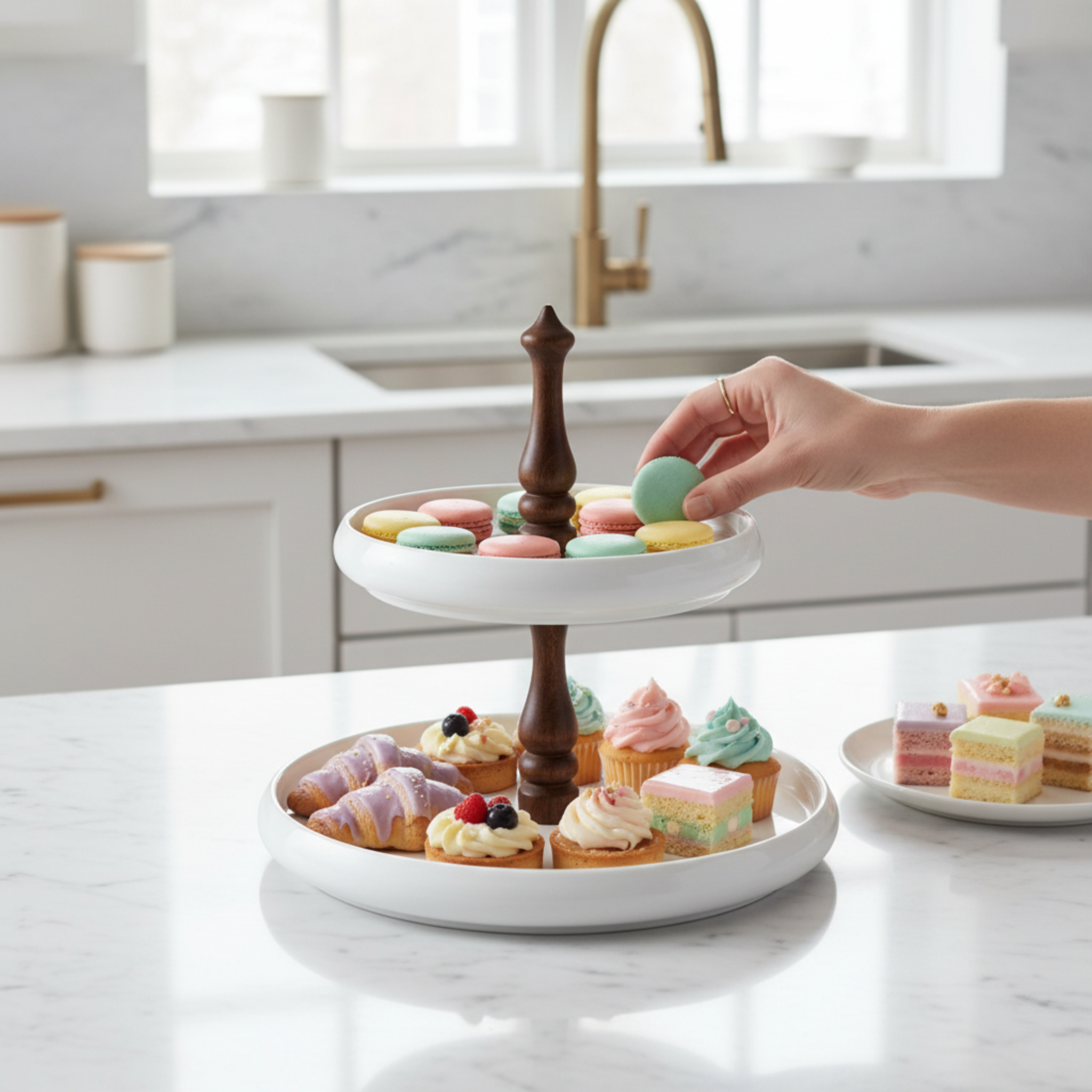 Serviteur 2 Étages Design en Céramique & Bois – Présentoir Chic