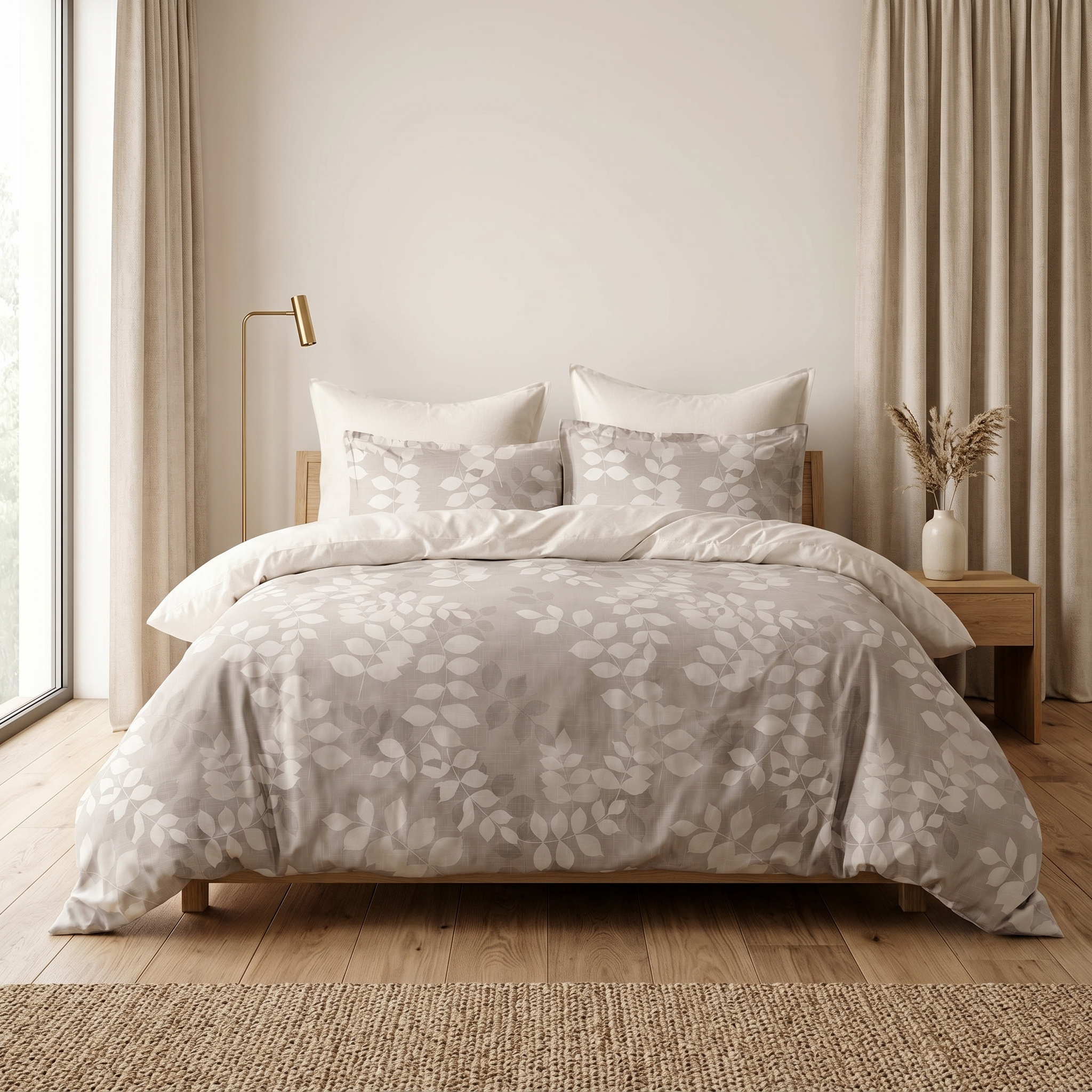 Ensemble Parure de Lit Satin Coton Motif Feuillage Beige | Fiolla Home