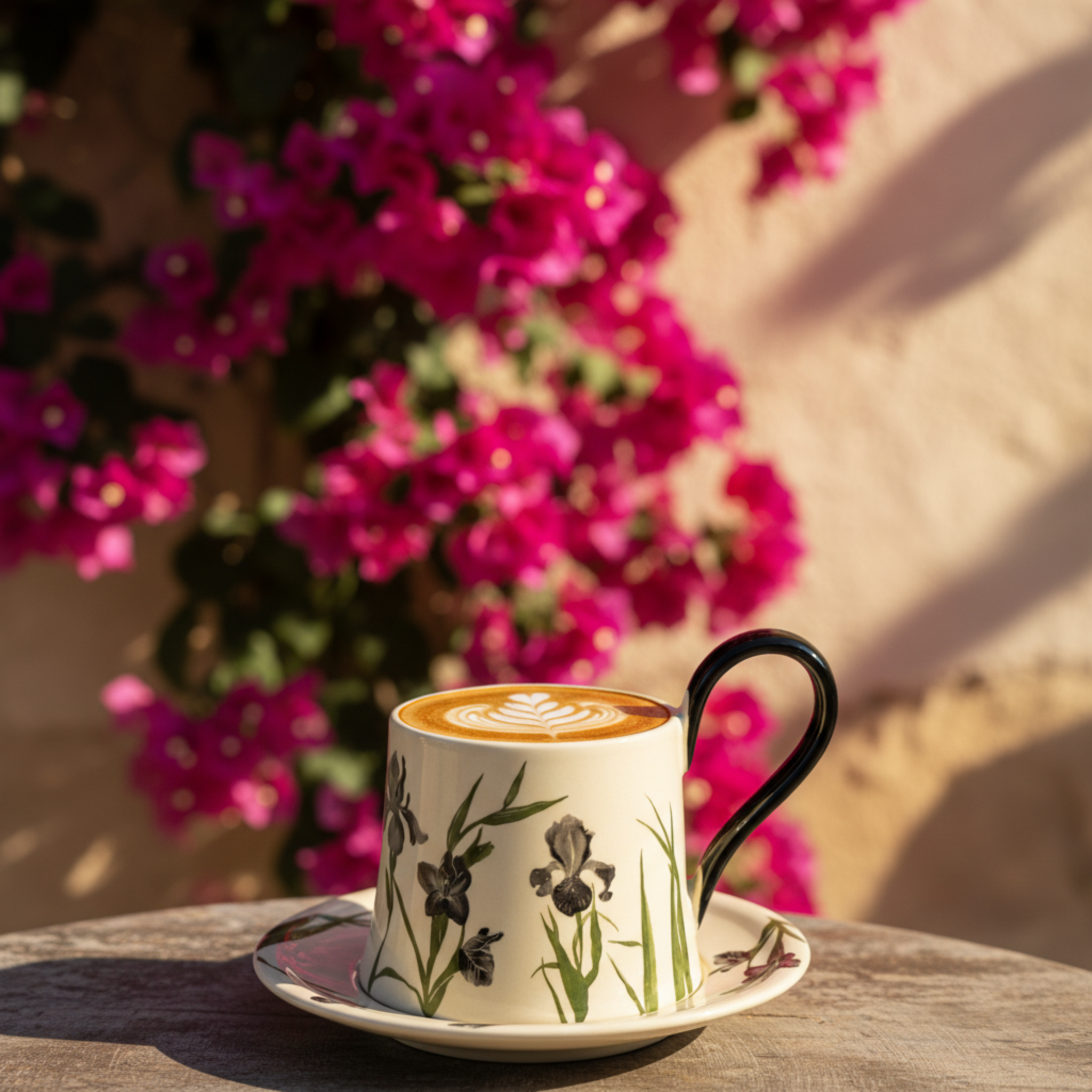Mug Iris Noir en Céramique avec Sous-Tasse – Élégance Moderne