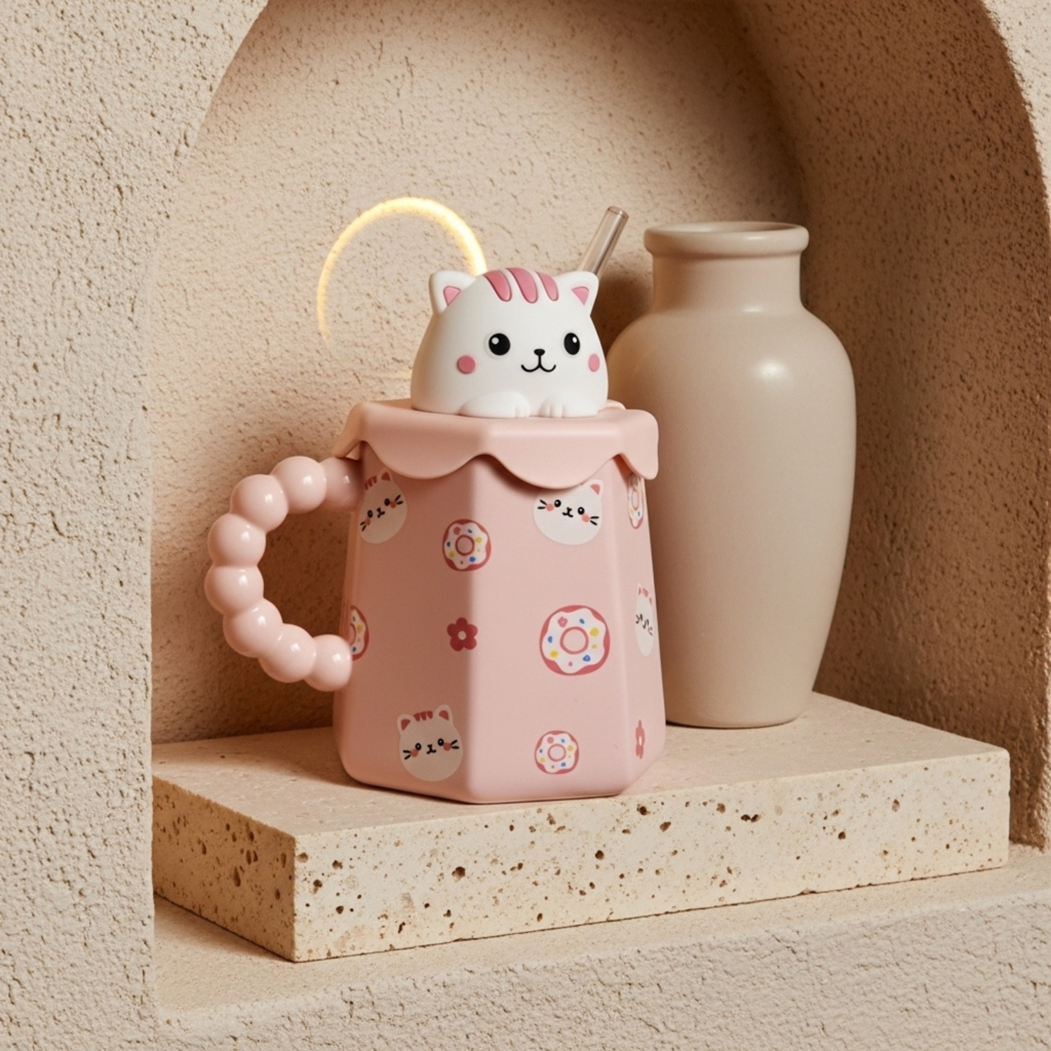 Mug Chat Rose avec Paille – Couvercle 3D & Poignée Perlée