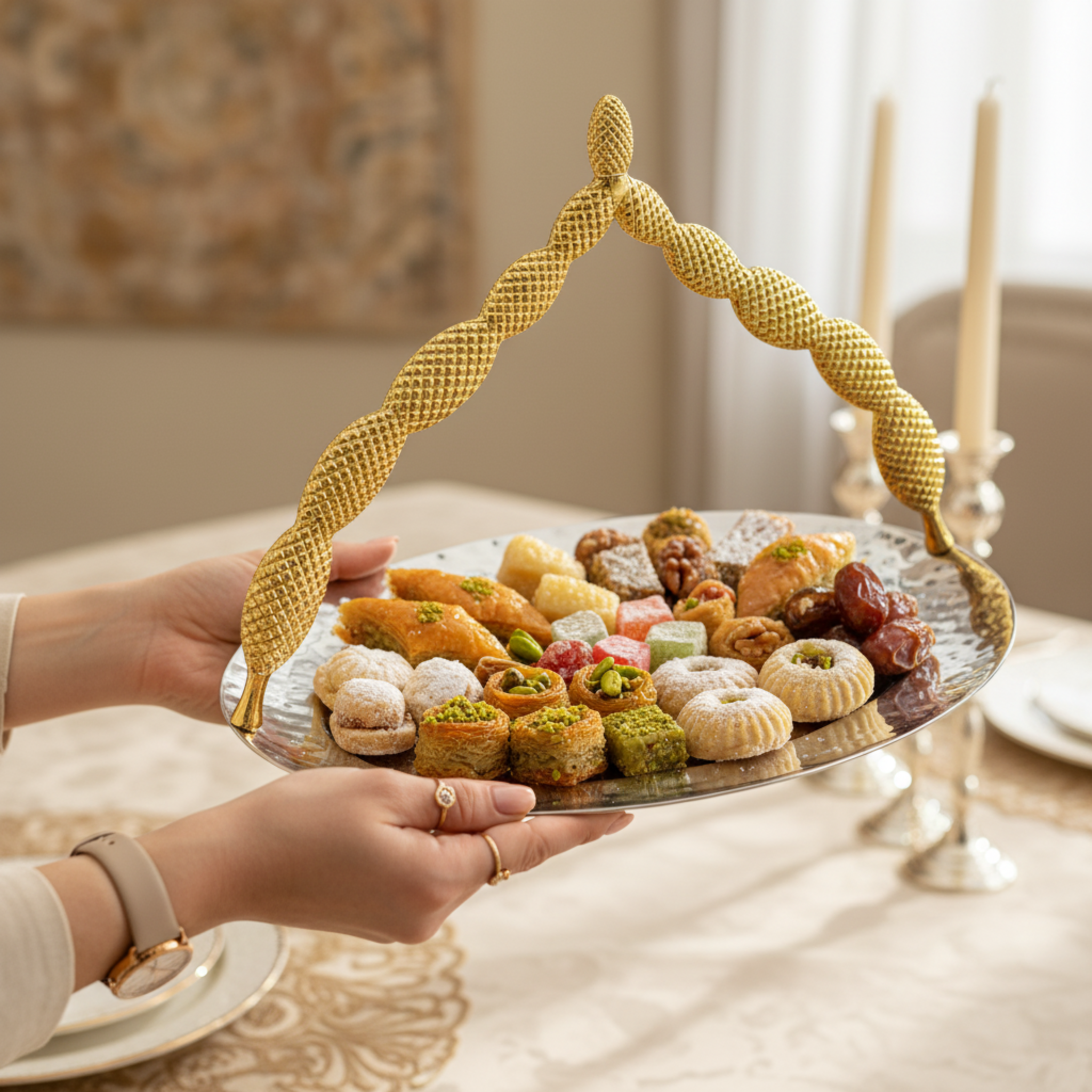 Plateau de Service Rond - Anse Cuivre Indien Doré & Inox Premium