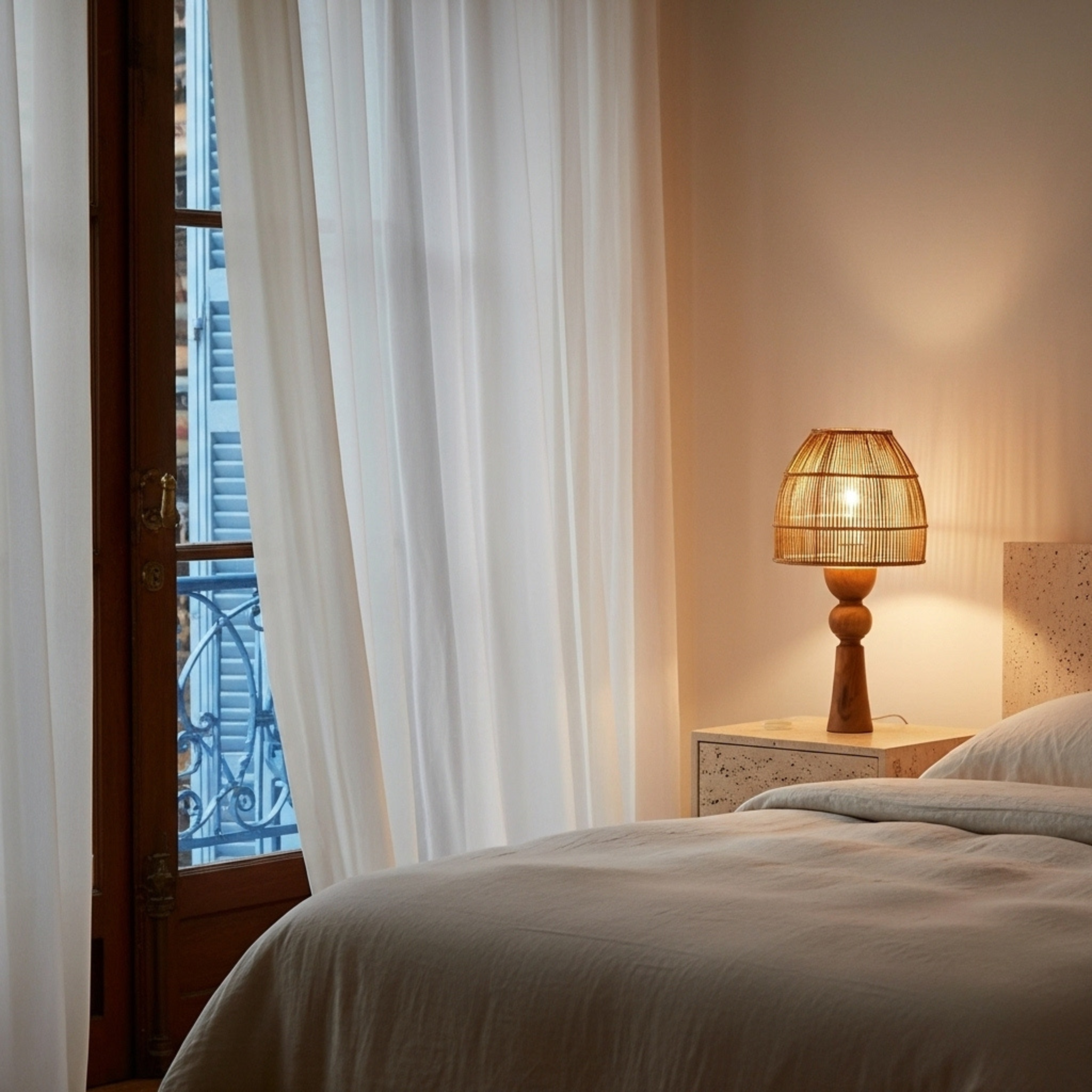 Lampe de table artisanale – base en bois d’olivier & abat-jour en fibres de palmier