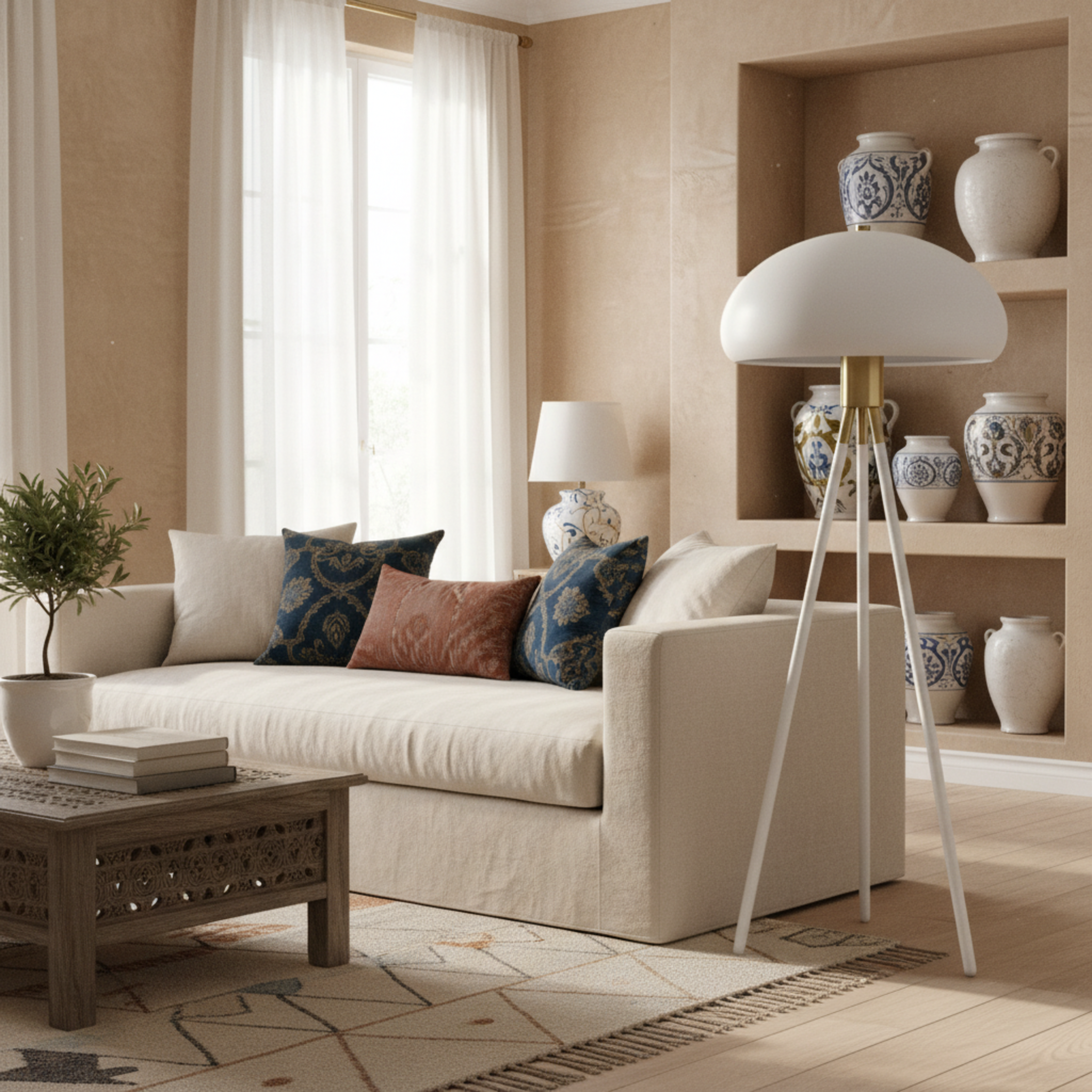 Lampadaire Trépied Design Blanc & Doré – Éclairage Scandi-Chic Tunisie