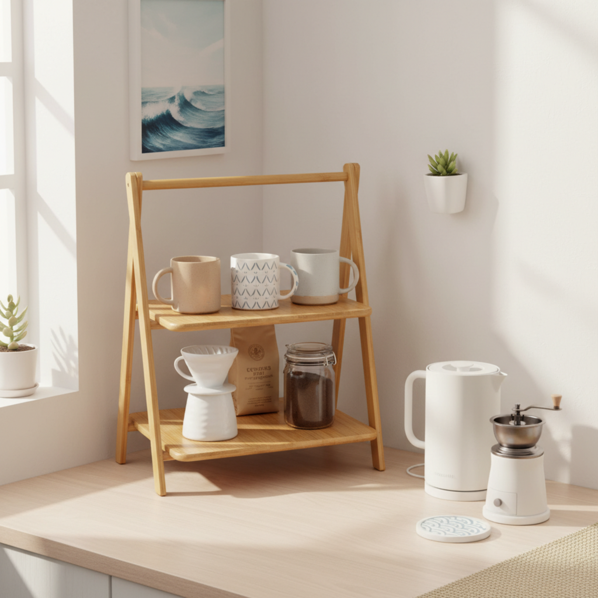 Étagère de Table en Bambou 2 Niveaux - Rangement Cuisine & Coin Café