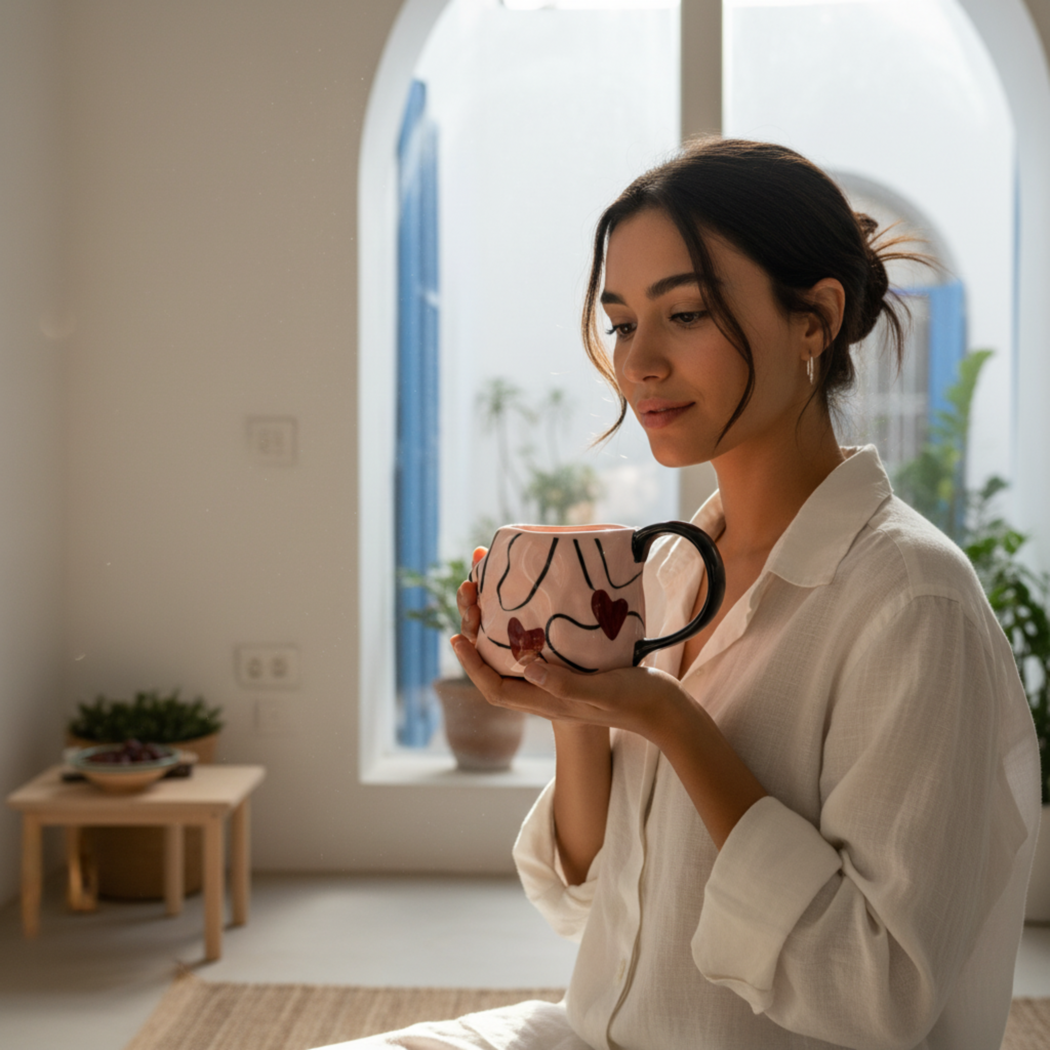 Mug Rose à Cœurs en Céramique – Anse Noire, Design Moderne Tunisie