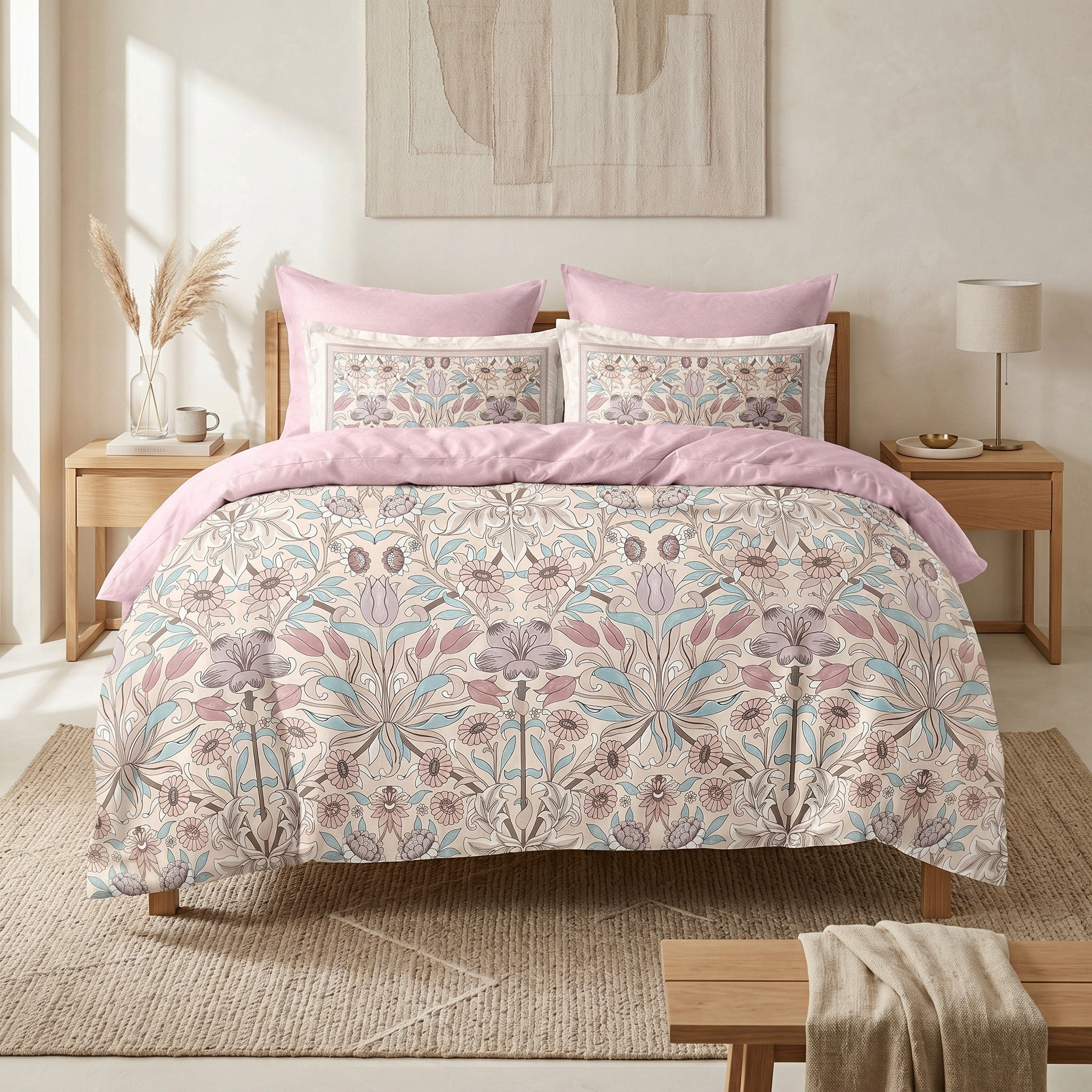 Ensemble Parure de Lit Satin Coton Motif Floral Vintage Rose | Fiolla Home