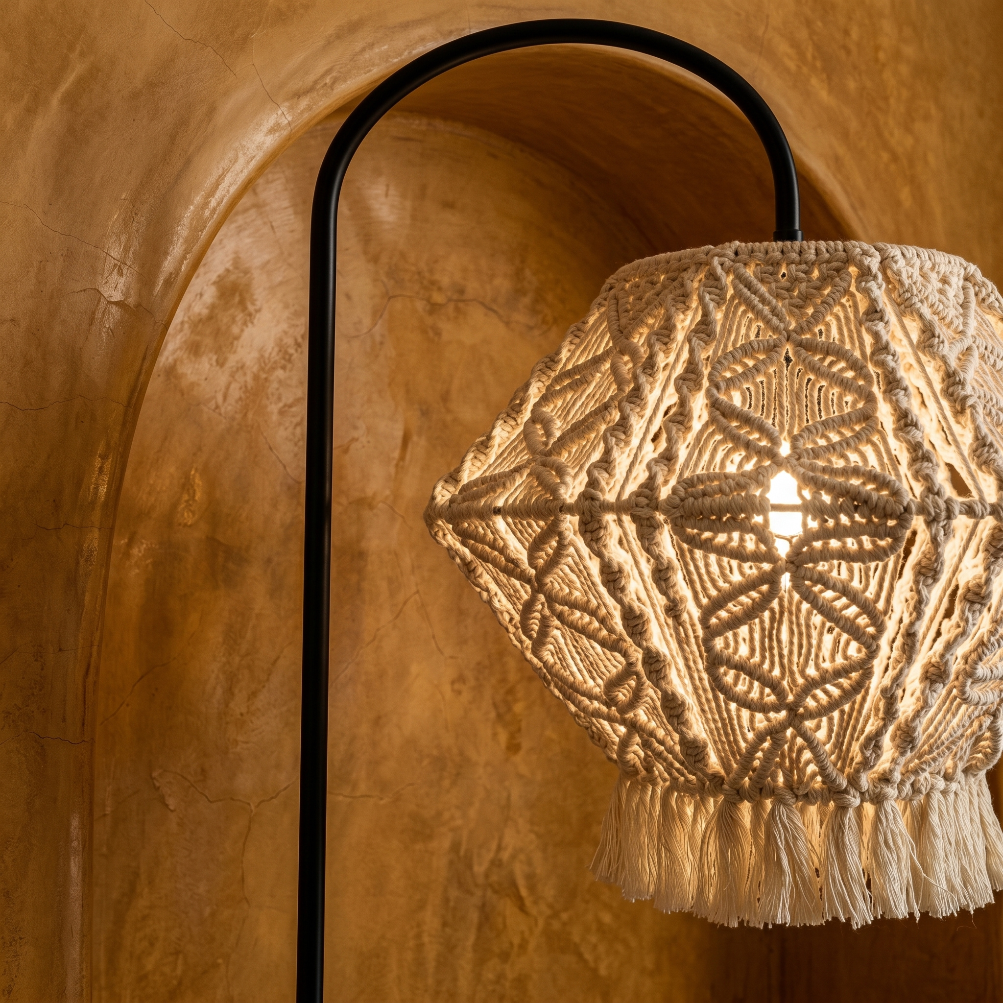 Lampadaire Arc Macramé | Pied Noir Base Ronde | Fiolla Home