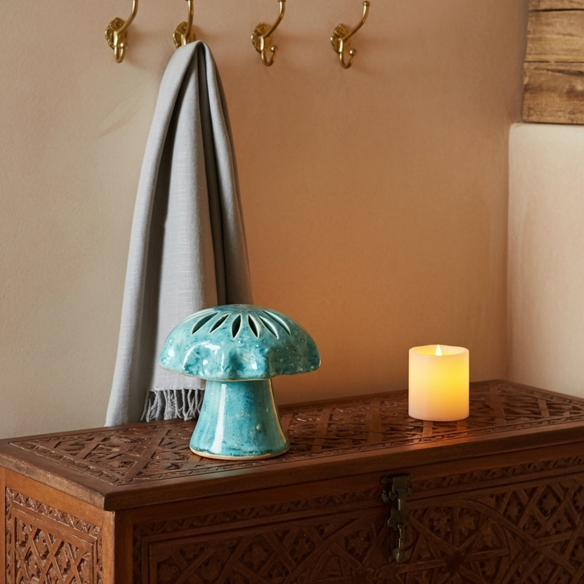 Cache-bougie Champignon en céramique turquoise – Style tunisien