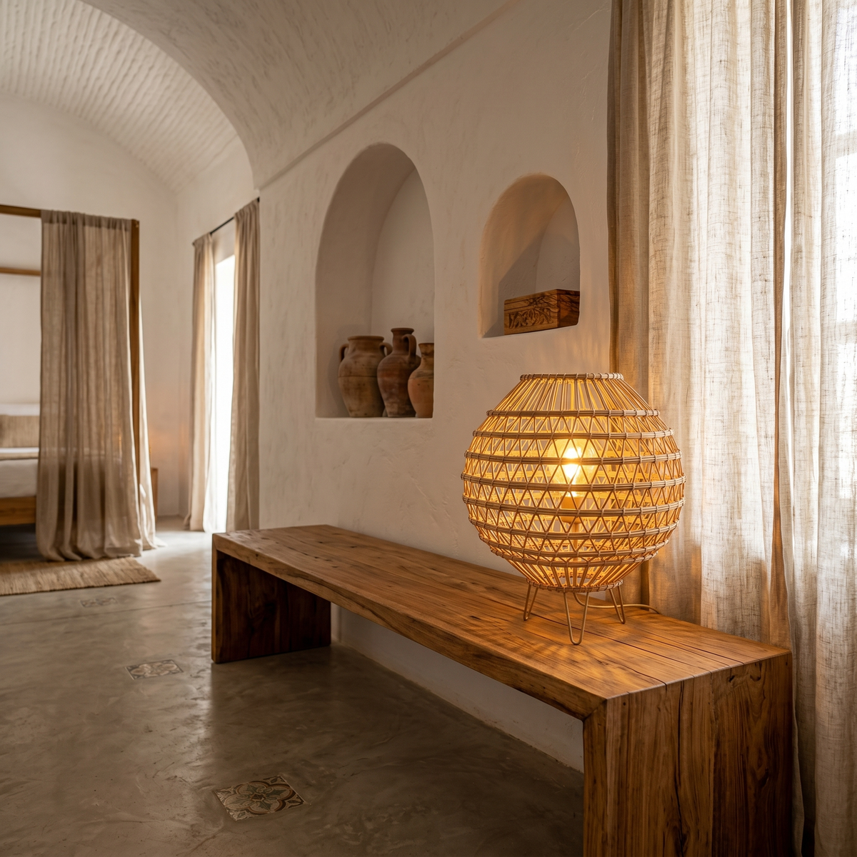 Lampe à Poser Palmier Tunisie | Boule Tressée Bohème | Fiolla Home