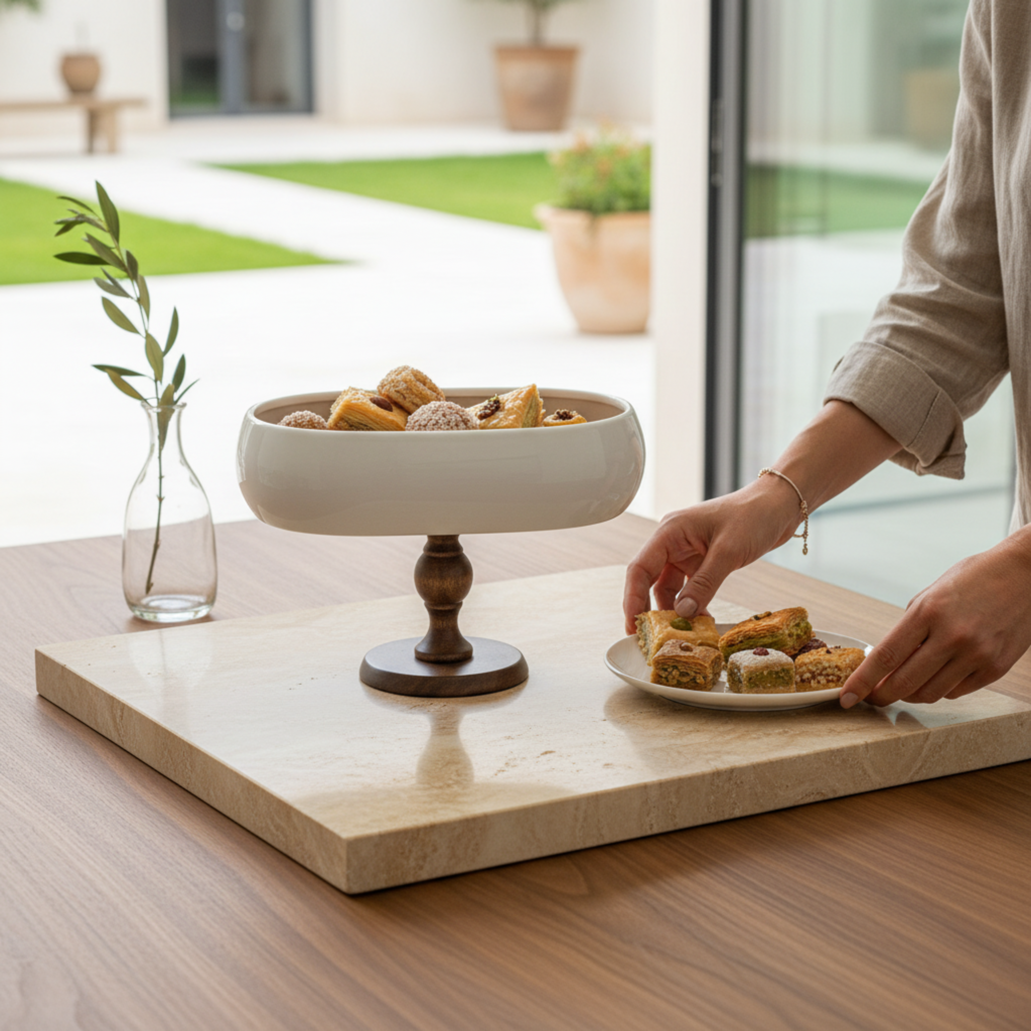 Coupe sur Pied Design – Présentoir Ovale Céramique Blanche & Bois