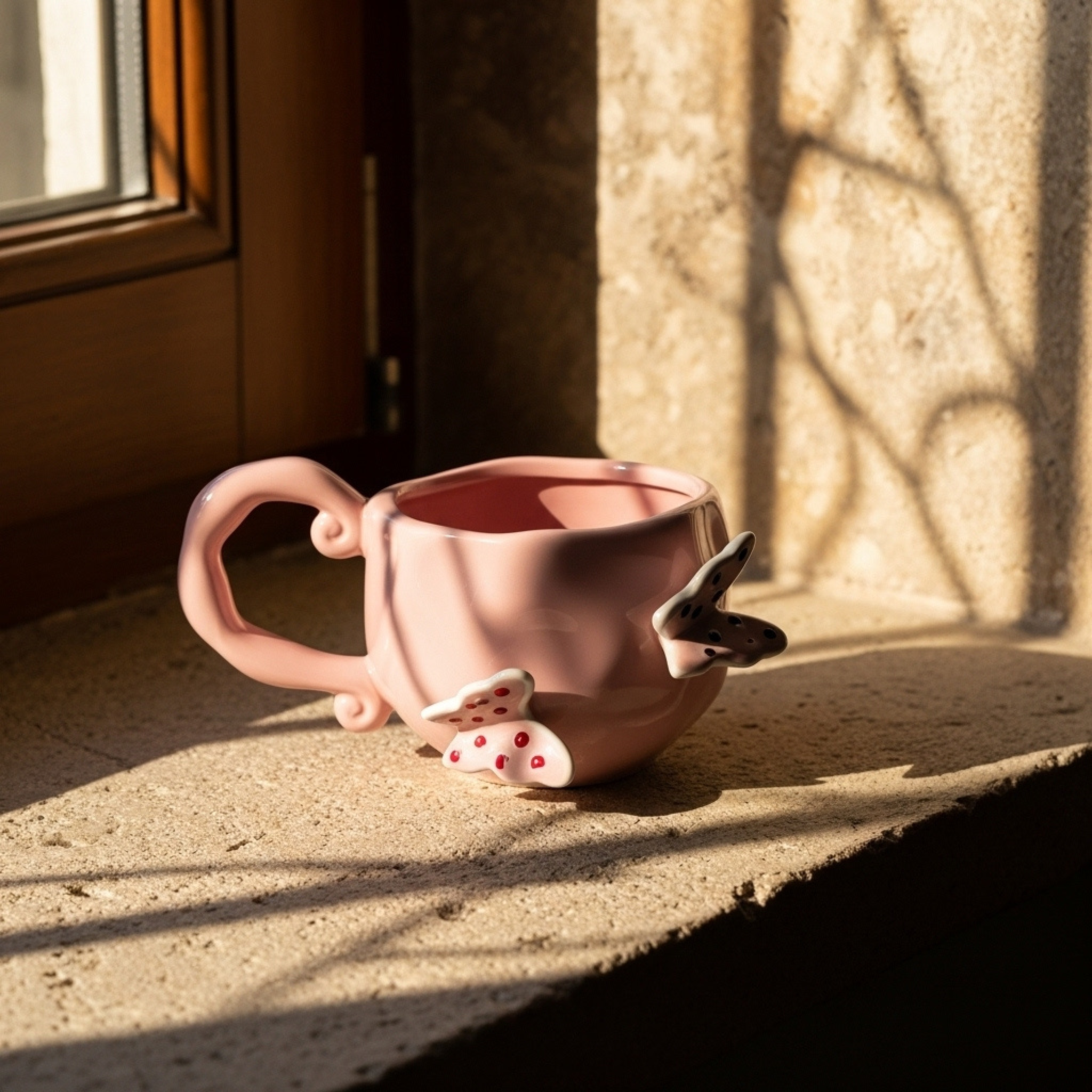 Mug Céramique Rose Papillons – Anse Sculptée | Fiolla Home Tunisie