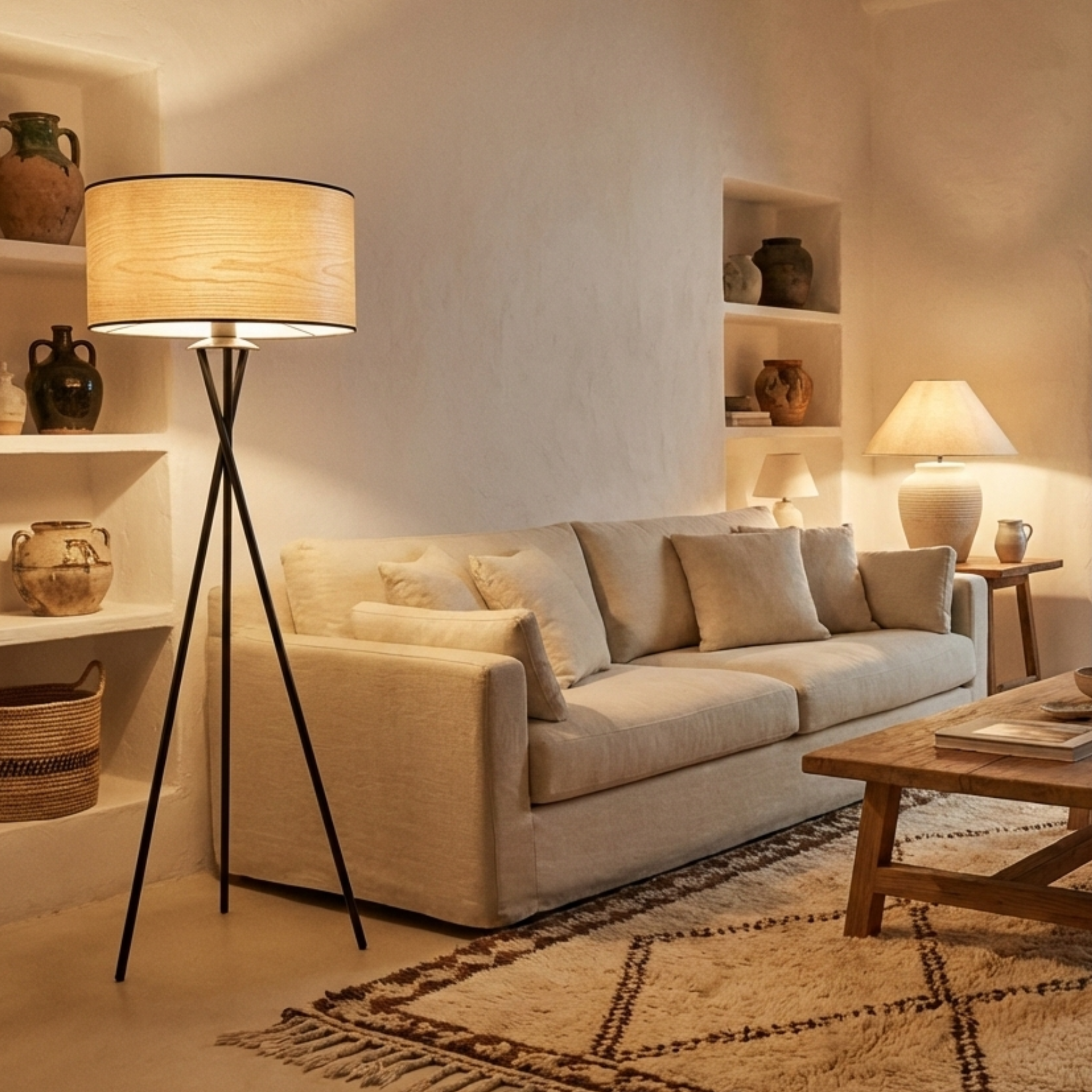 Lampadaire Trépied Design Scandinave – Abat-jour Effet Bois & Pied Métal Noir