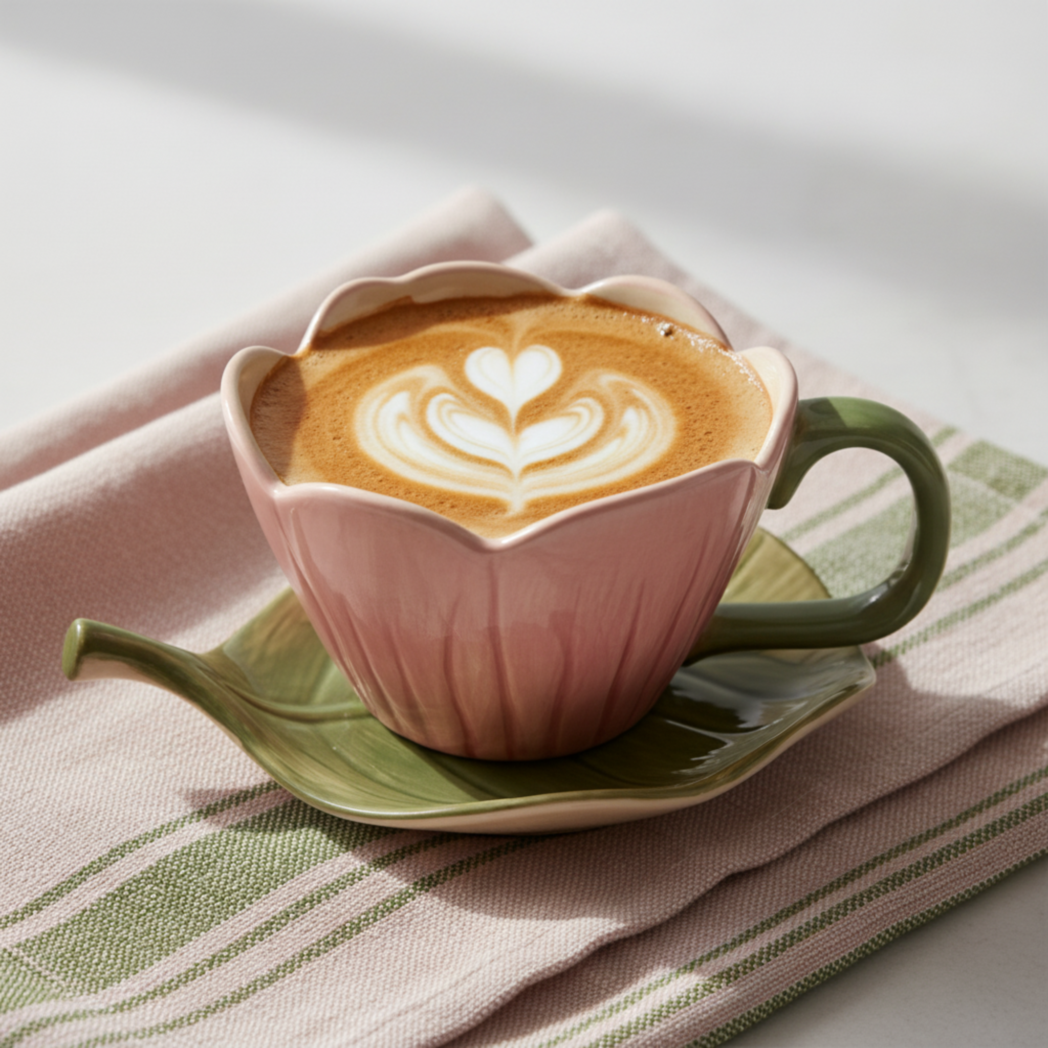 Mug Fleur Rose en Céramique avec Sous-Tasse Feuille – Style Bohème