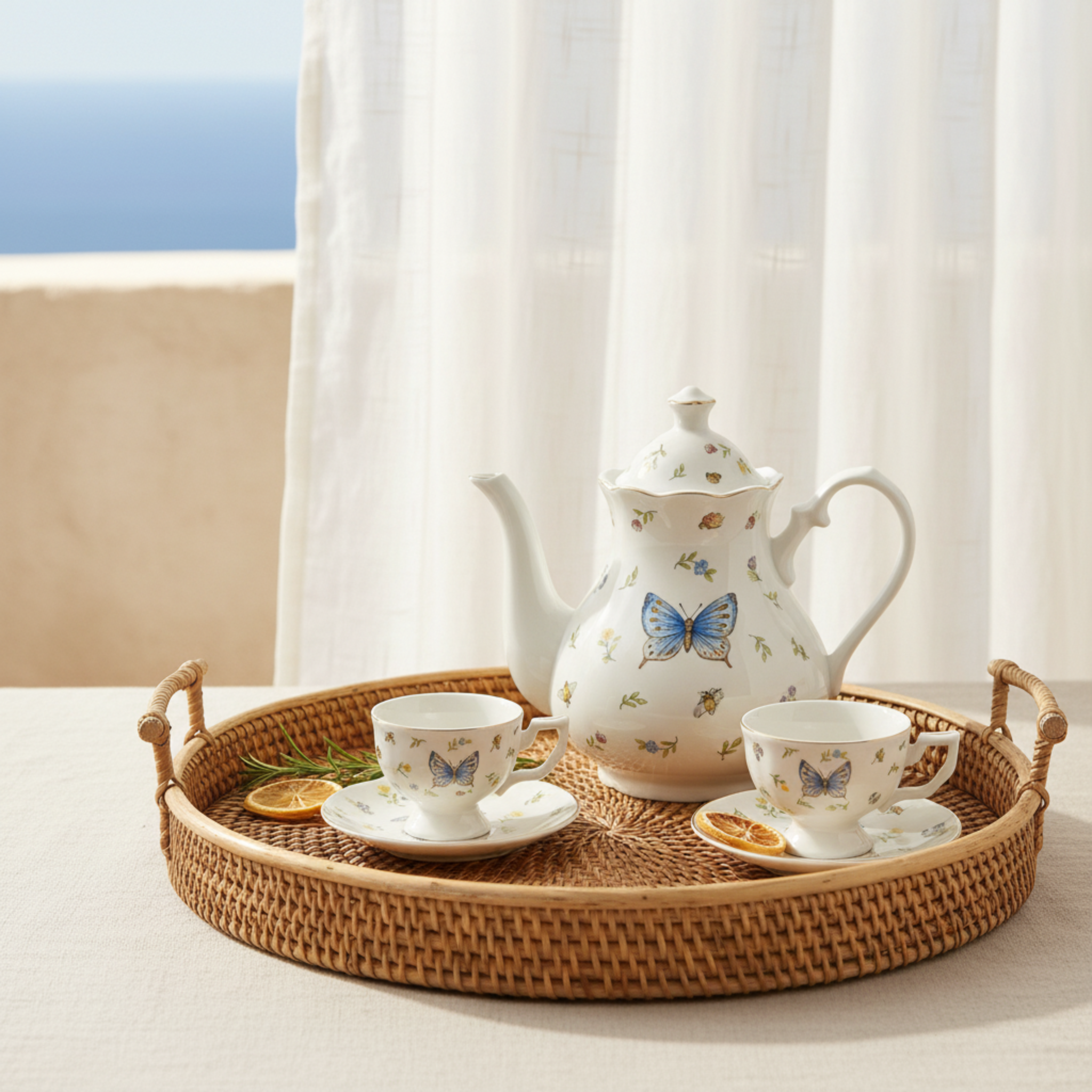 Service Petit Déjeuner Complet 29 Pièces - Porcelaine Motif Papillon