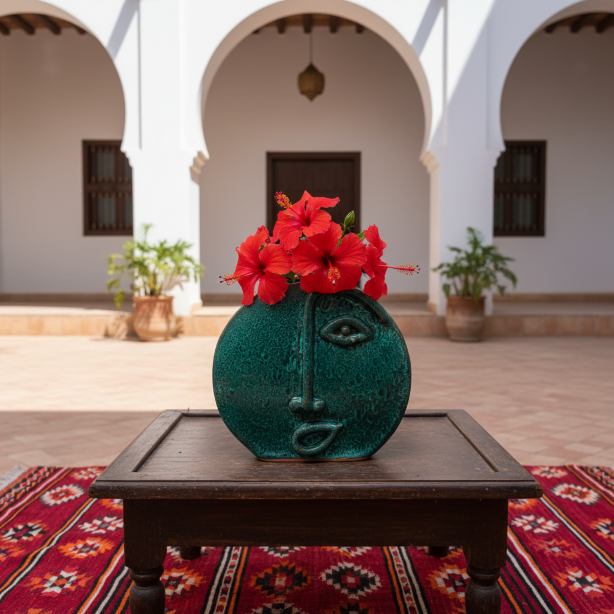 Vase Visage en Céramique Émeraude – Style Tunisien