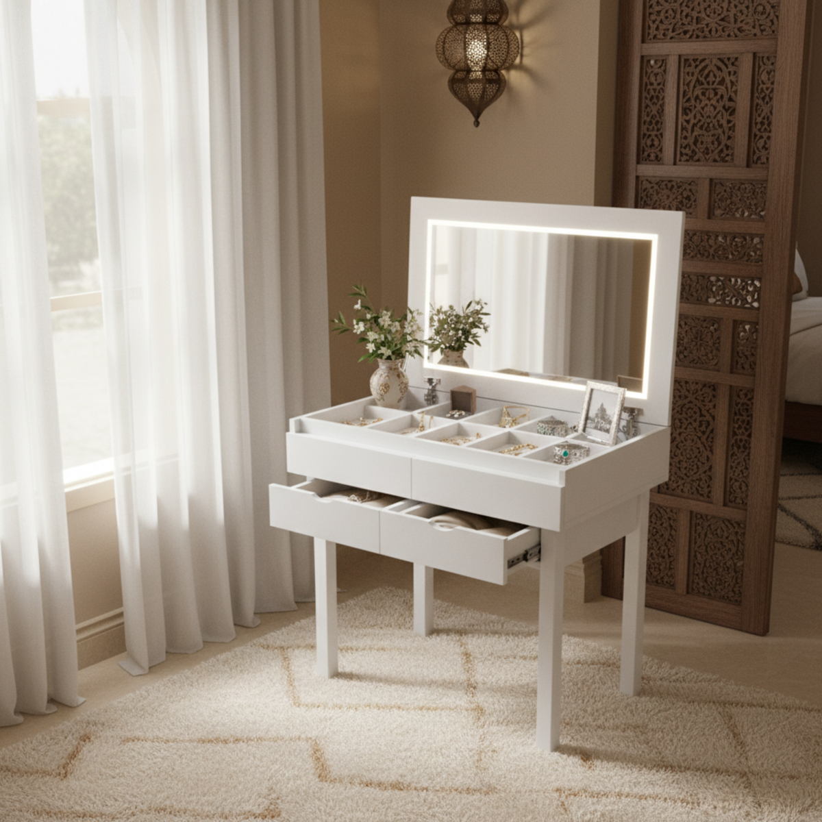 Coiffeuse Bureau 2-en-1 : Miroir LED & Rangement Spacieux - Blanc