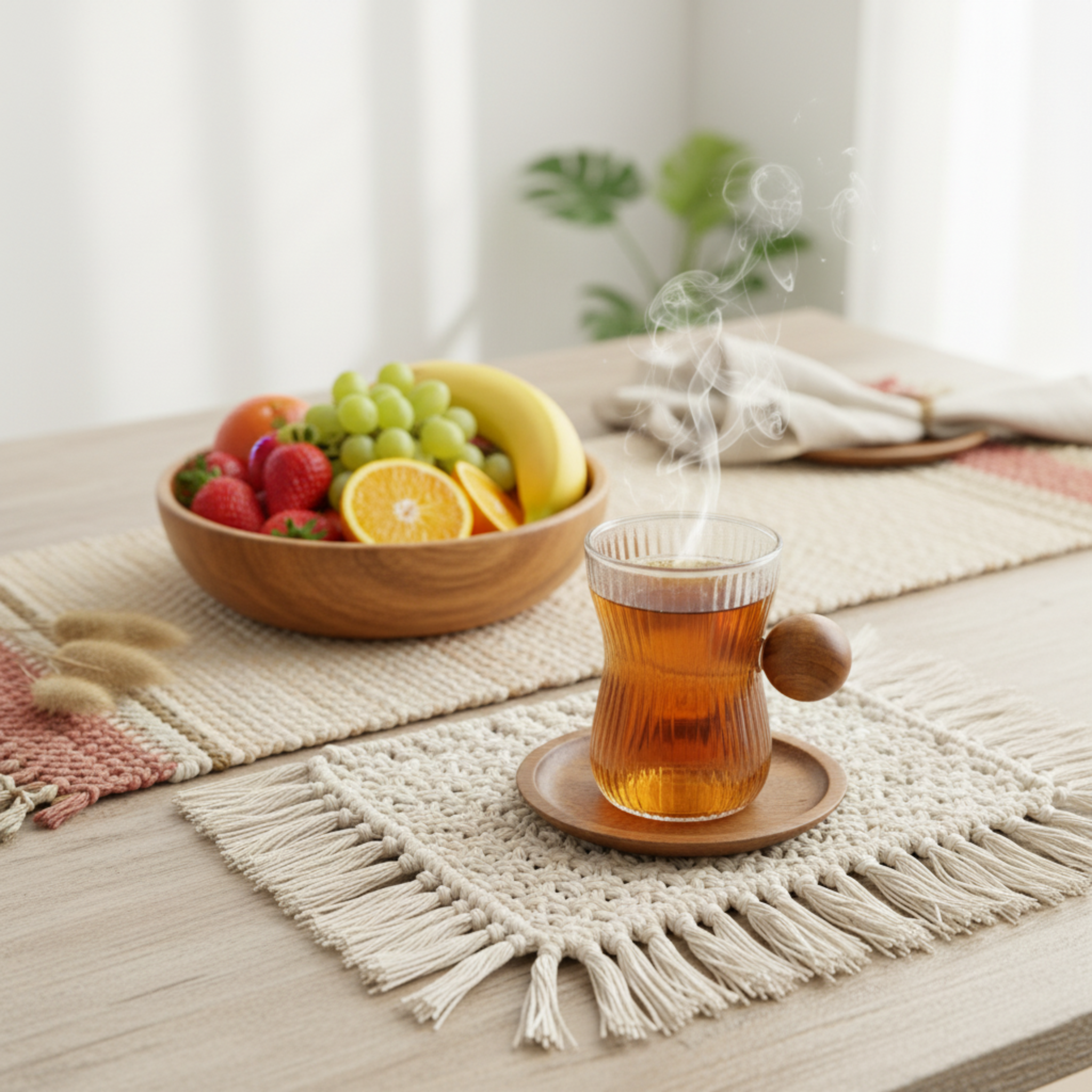 Service à Thé en Verre Côtelé & Manche Boule Bois - Achat Tunisie | Fiolla Home