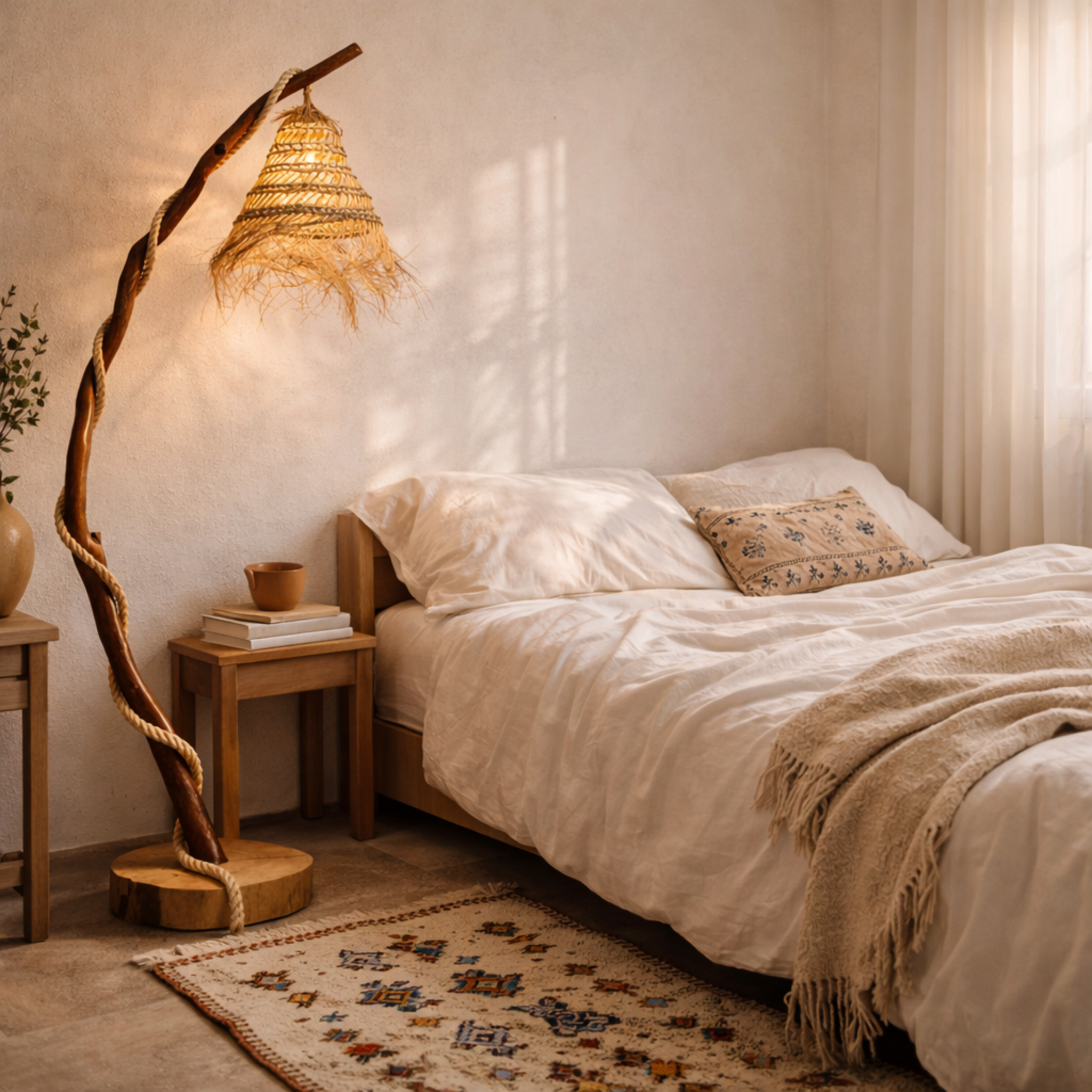 Lampadaire Bois Flotté & Corde Style Bohème - Déco Salon Tunisie