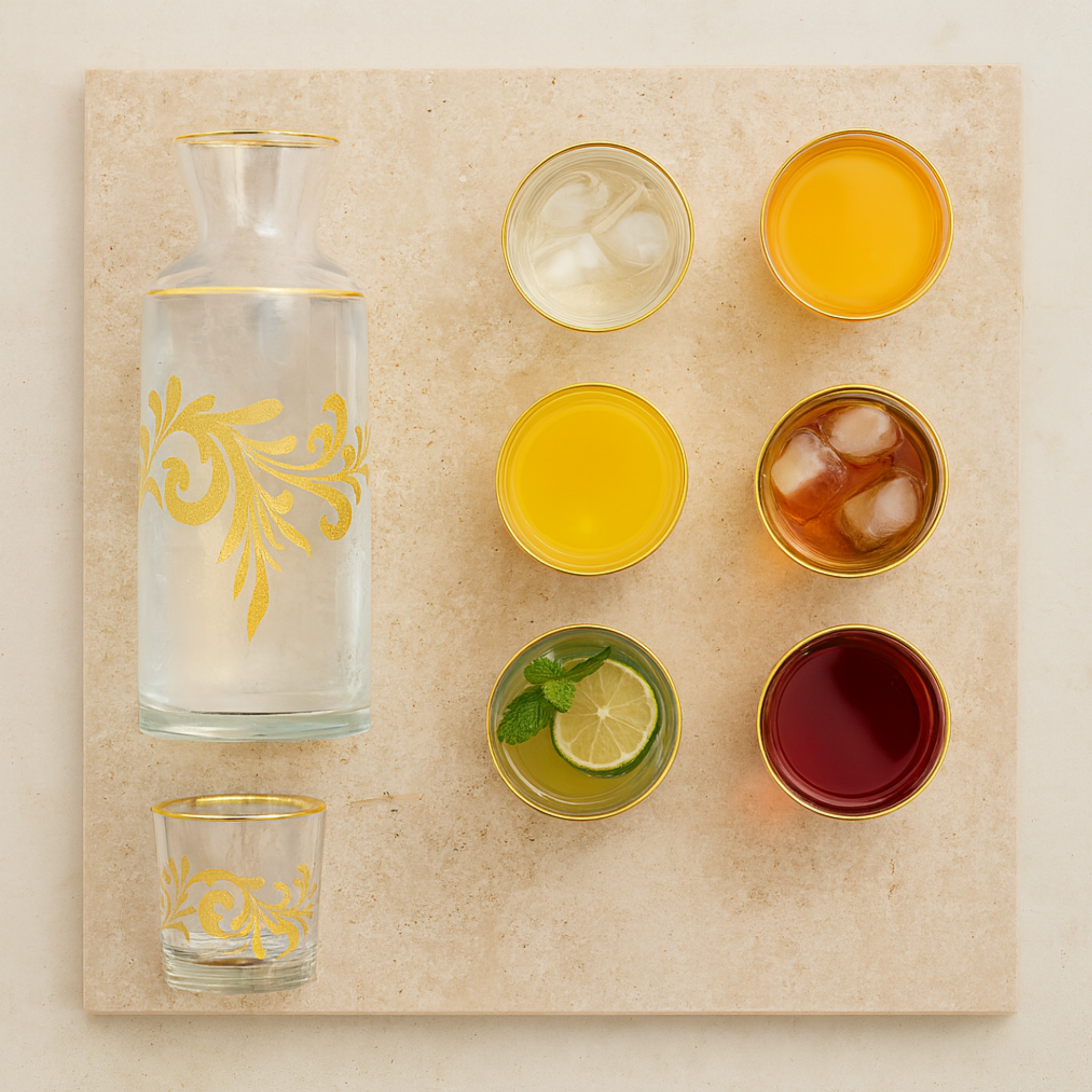 Service Eau/Jus Cristal Doré | Carafe + 6 Verres | Fiolla Home