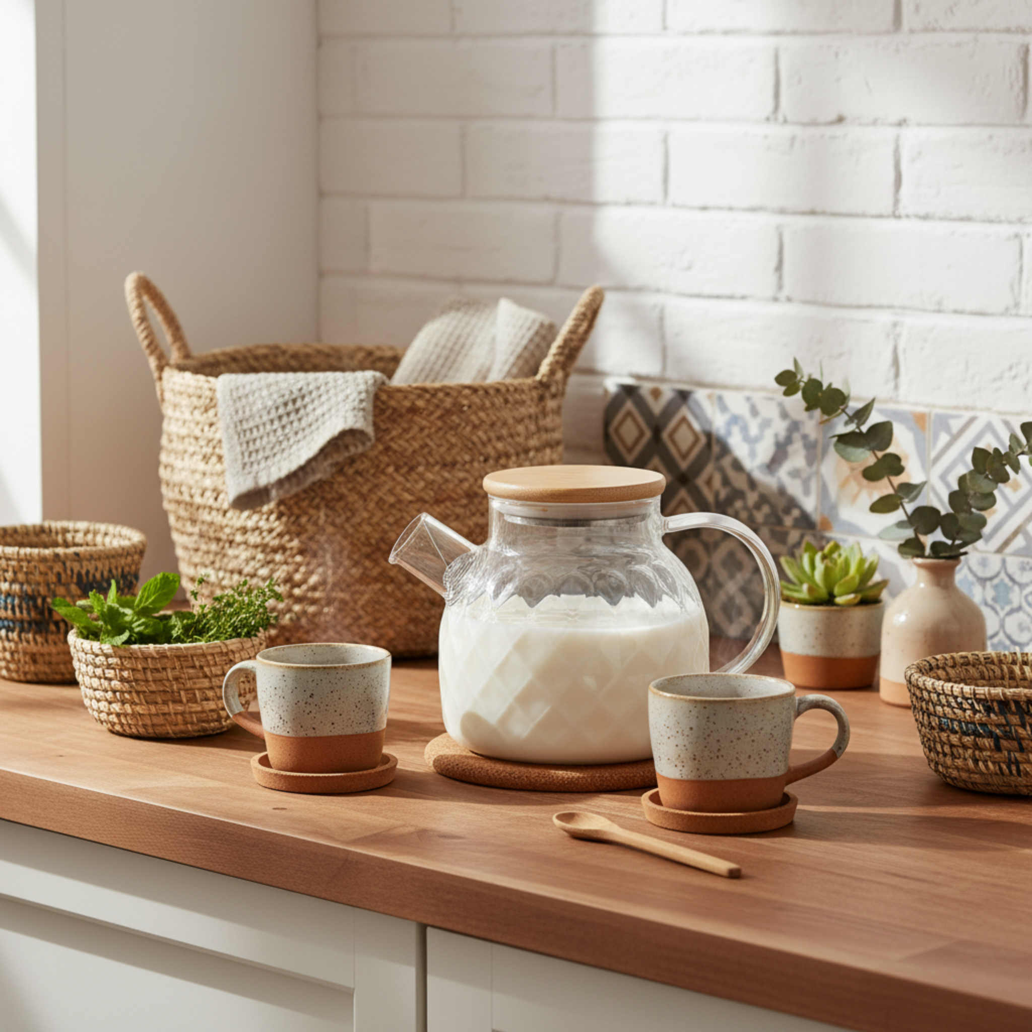 Théière en Verre Texturé & Couvercle Bambou – Design Élégant