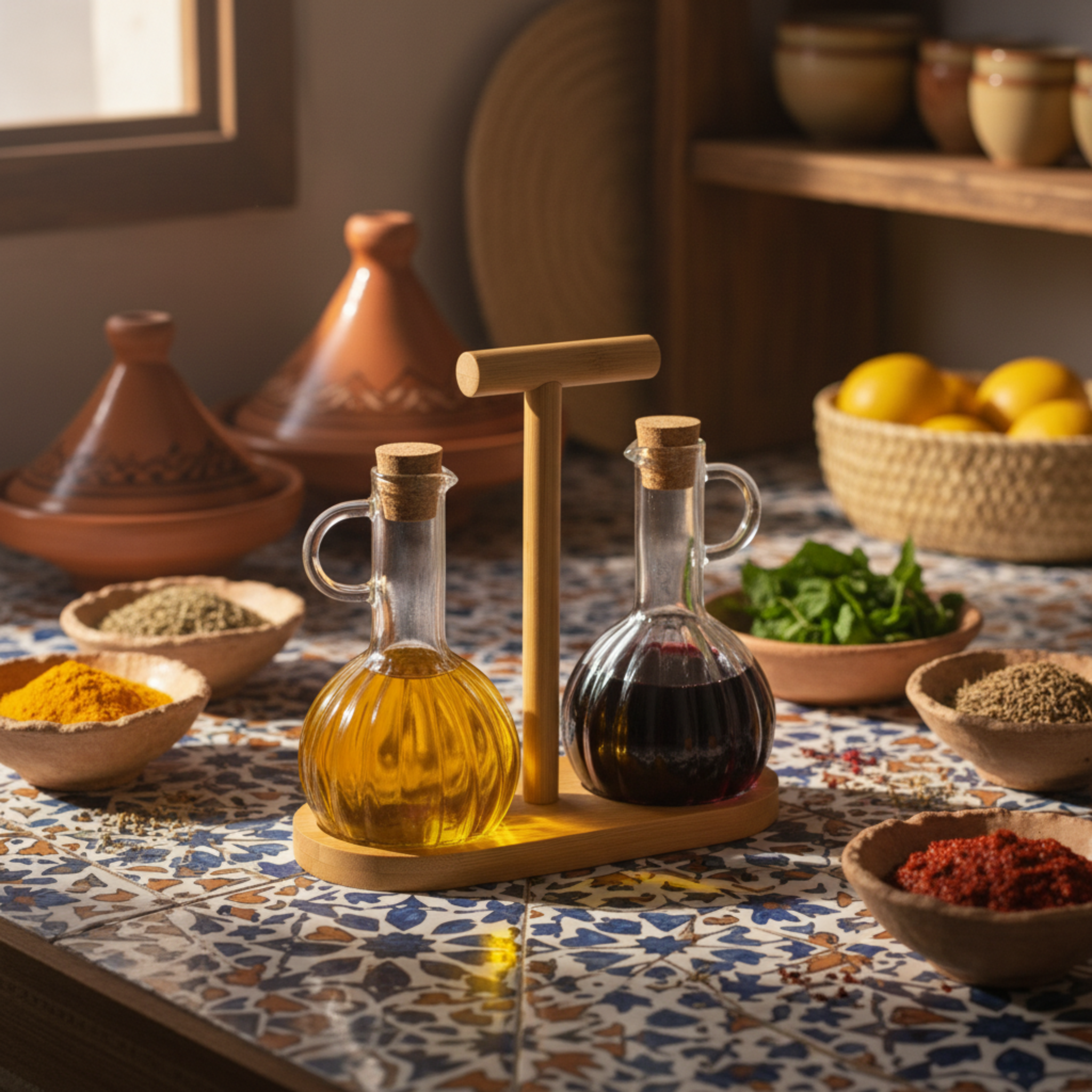 Duo Huilier & Vinaigrier en Verre avec Support Bois – Style Tunisien
