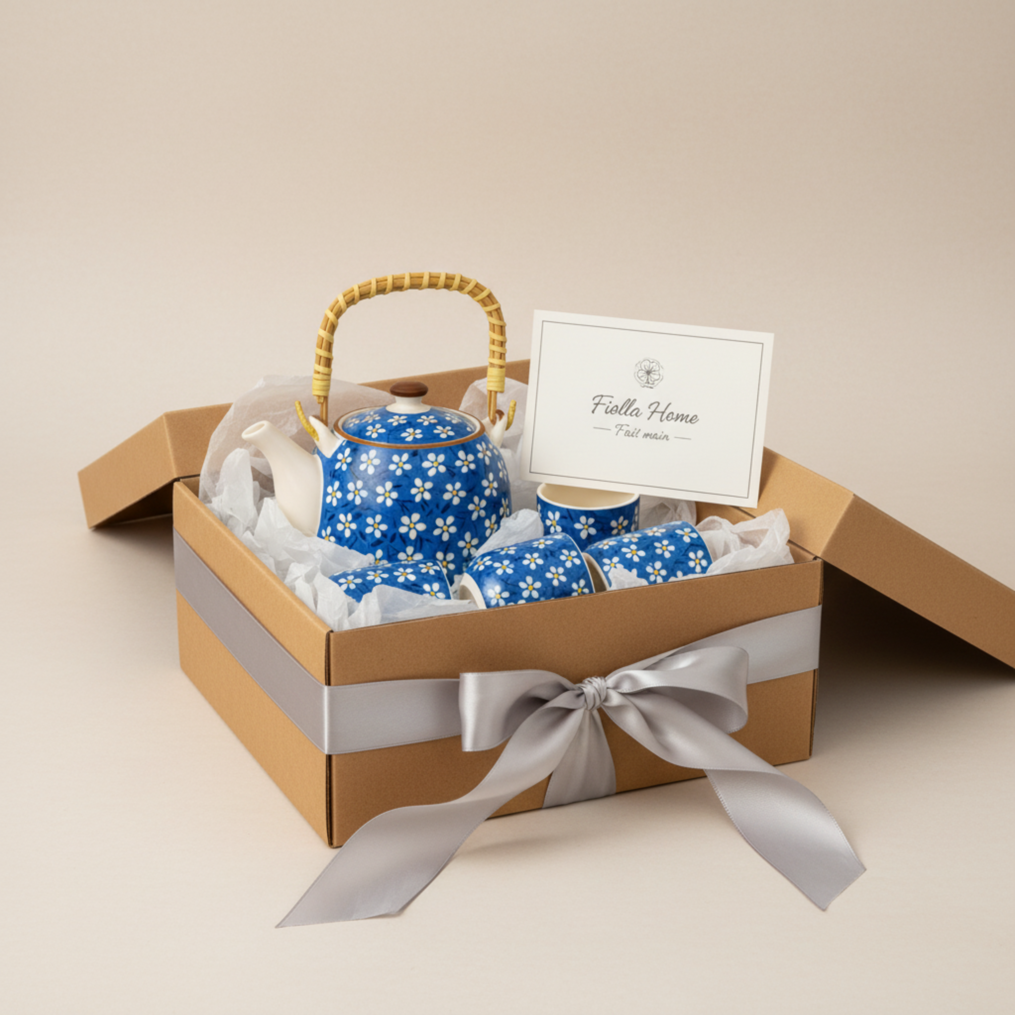 Service à Thé Bleu à Fleurs – Céramique 7 pièces Tunisie