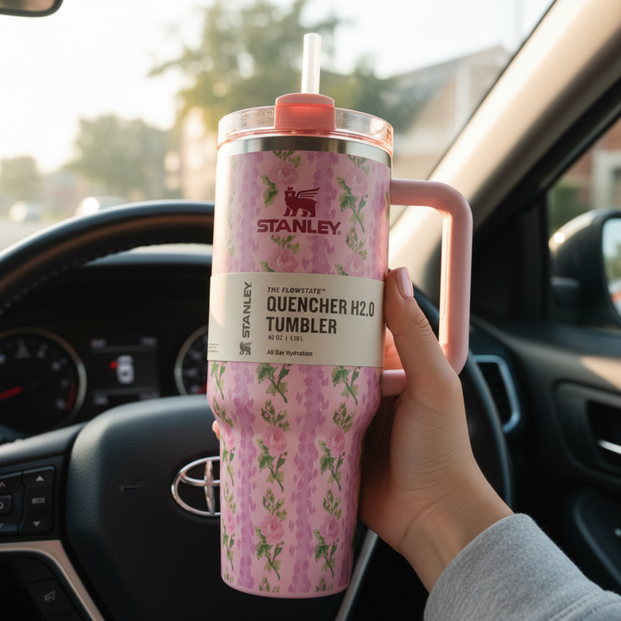 Gobelet Isotherme XXL avec Paille & Poignée - Motif Floral Rose