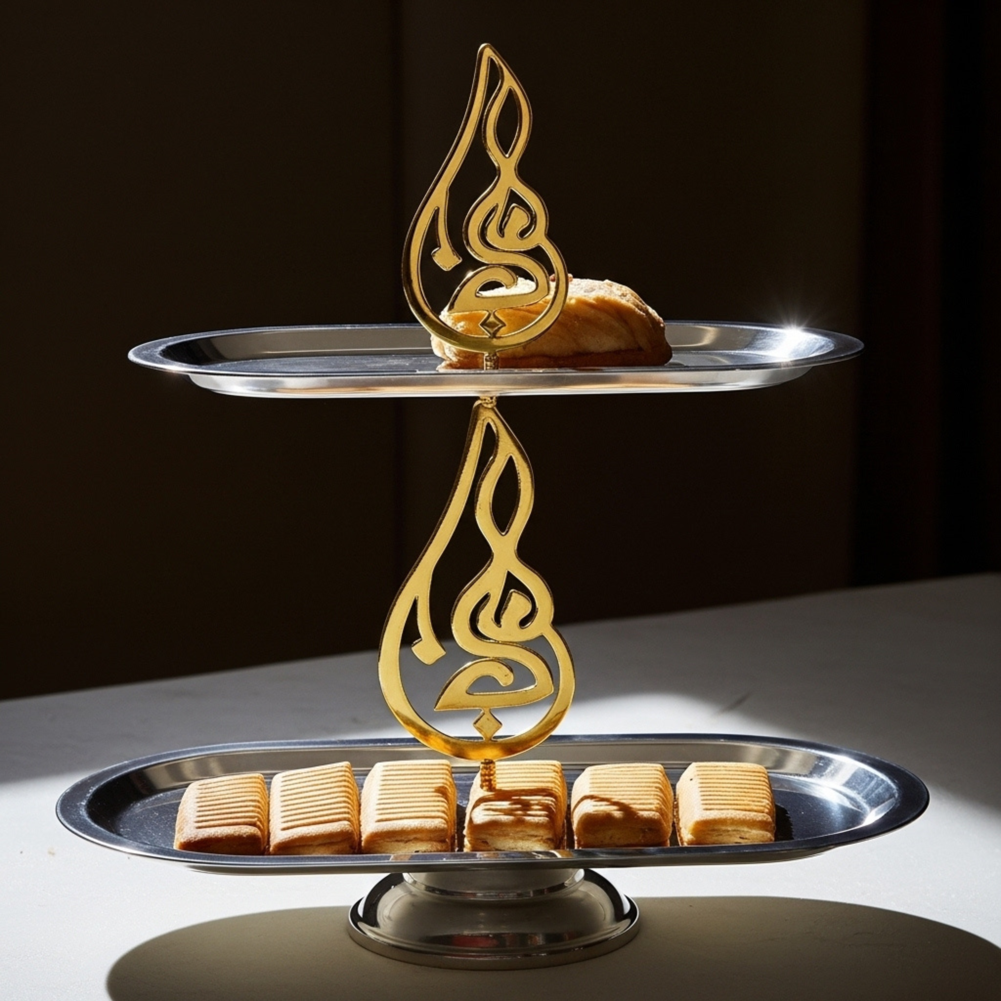 Présentoir Inox 2 Niveaux – Calligraphie Dorée | Fiolla Home Tunisie