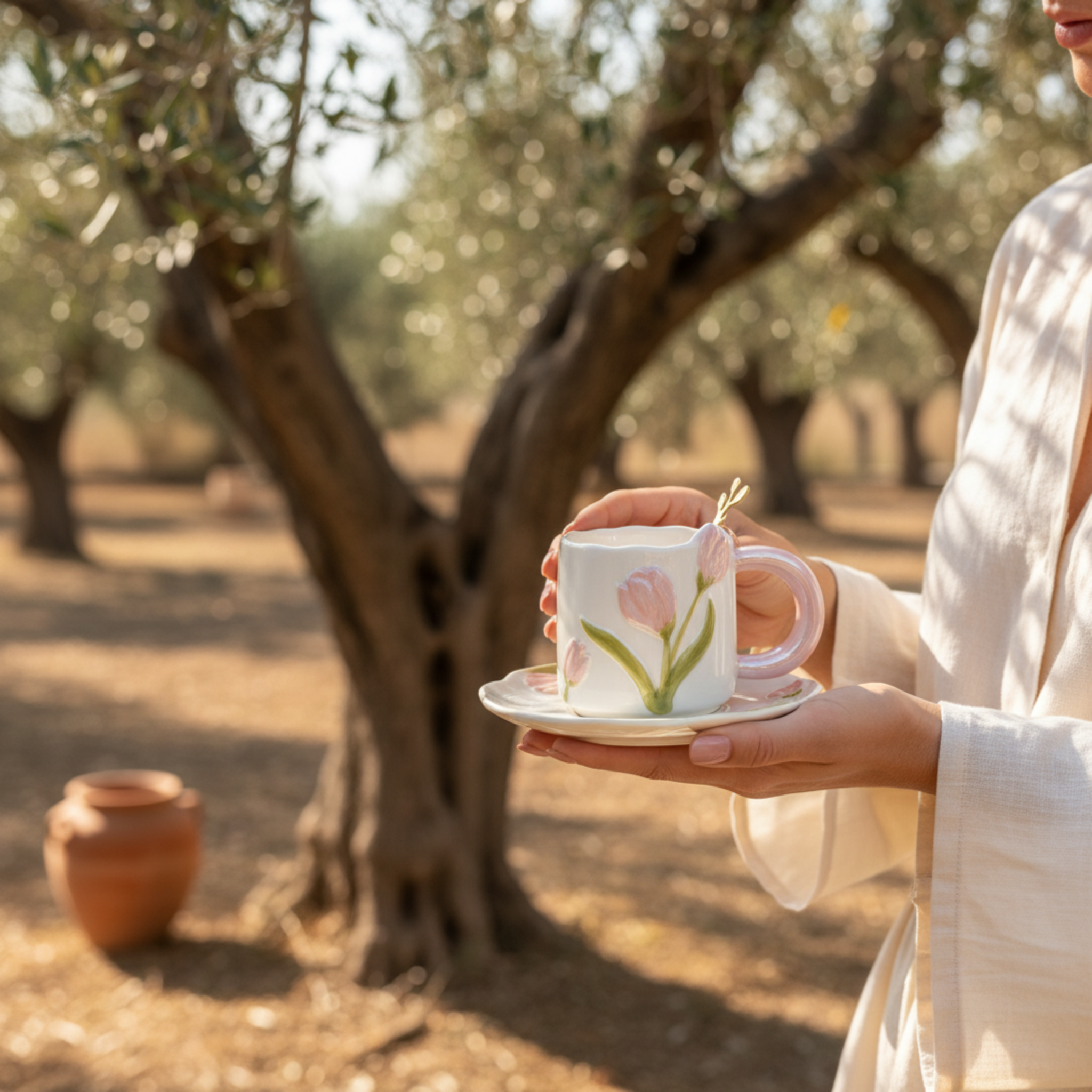 Mug Tulipe Rose en Céramique avec Sous-Tasse – Édition Élégante
