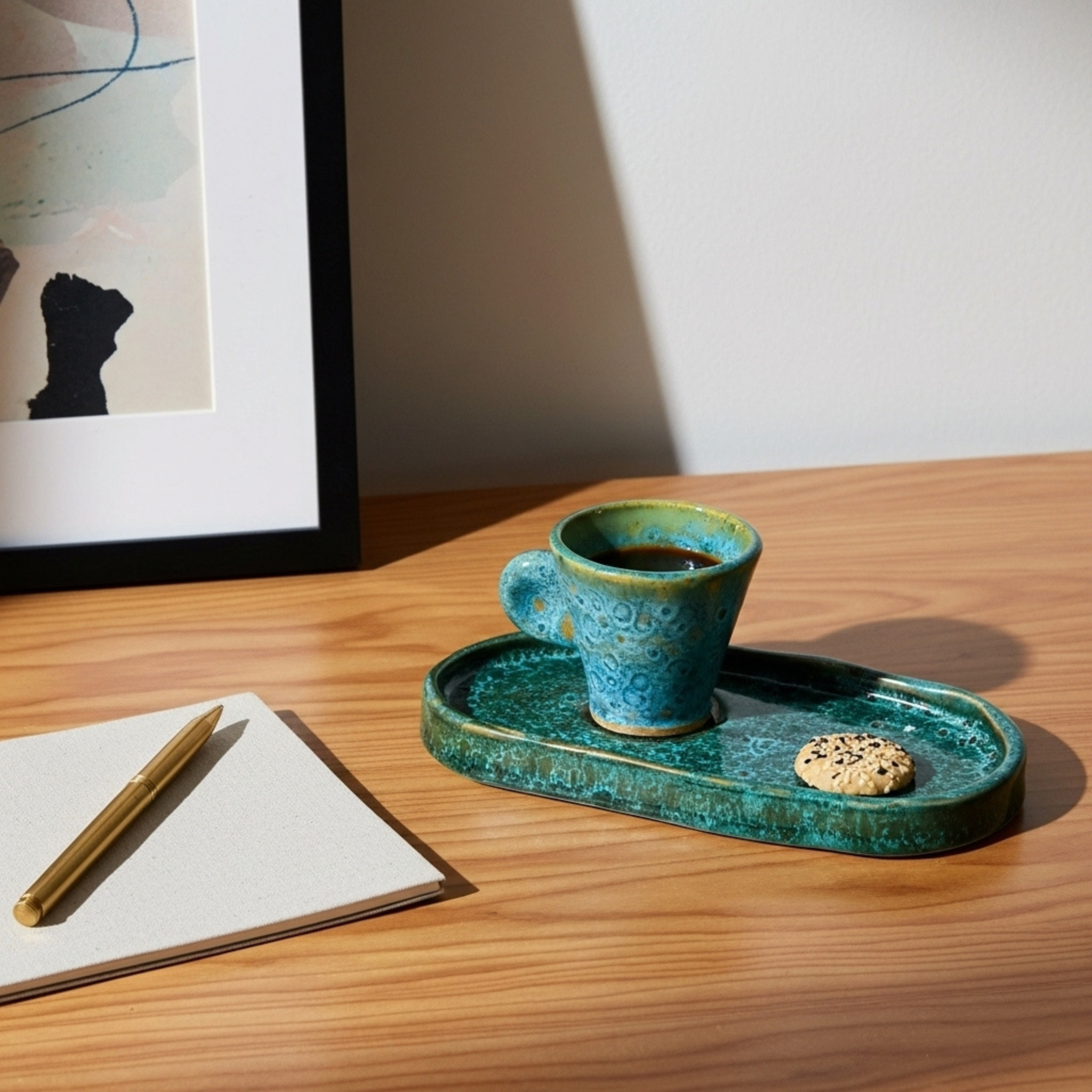Set espresso en céramique – tasse + plateau, émail vert