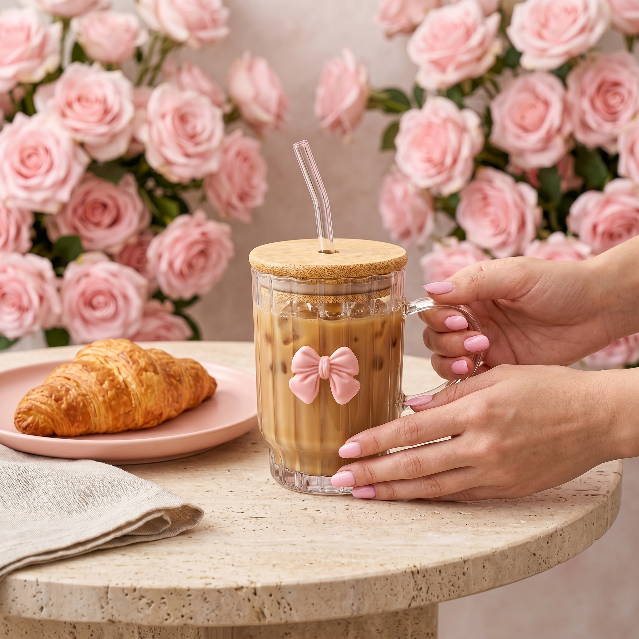 Mug Verre Nœud Rose Tunisie | Tasse Café Glacé Bambou | Fiolla Home