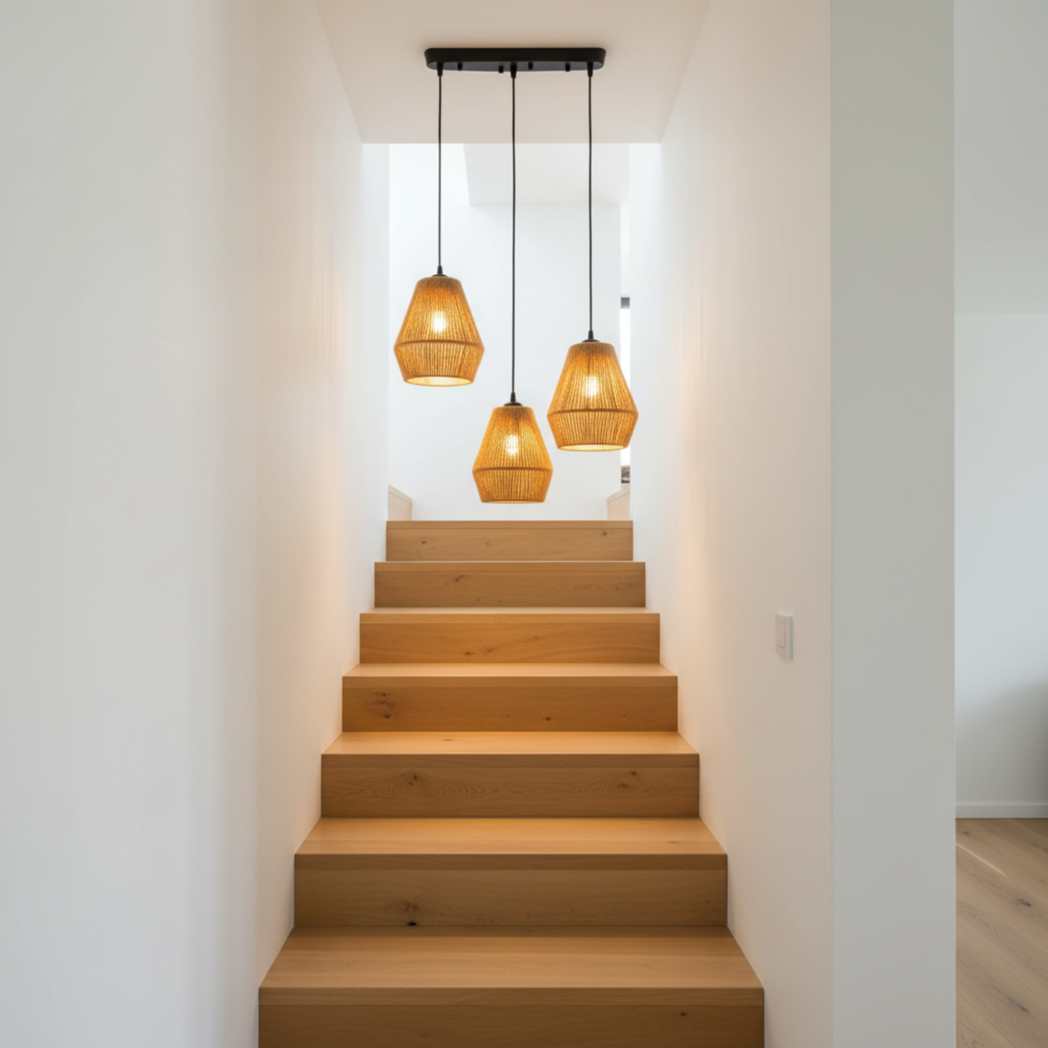 Suspension Barre 3 Lampes "Trio" – Lustre en Jute Tressé pour Îlot